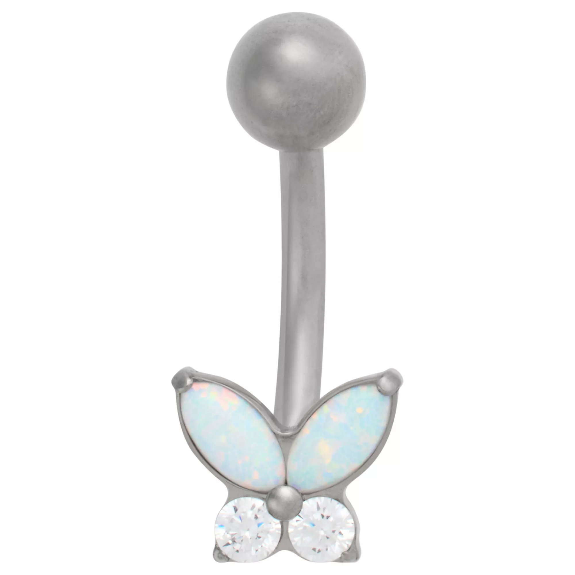 ASTM F-136 Titanium Silver-Plated Opal-Effect and Clear CZ Butterfly Belly Ring - 14 Gauge at Spencer's