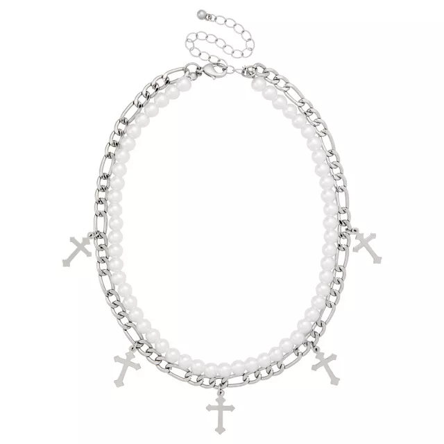 2-Row Pearl Cross Chain Necklace at Spencer's