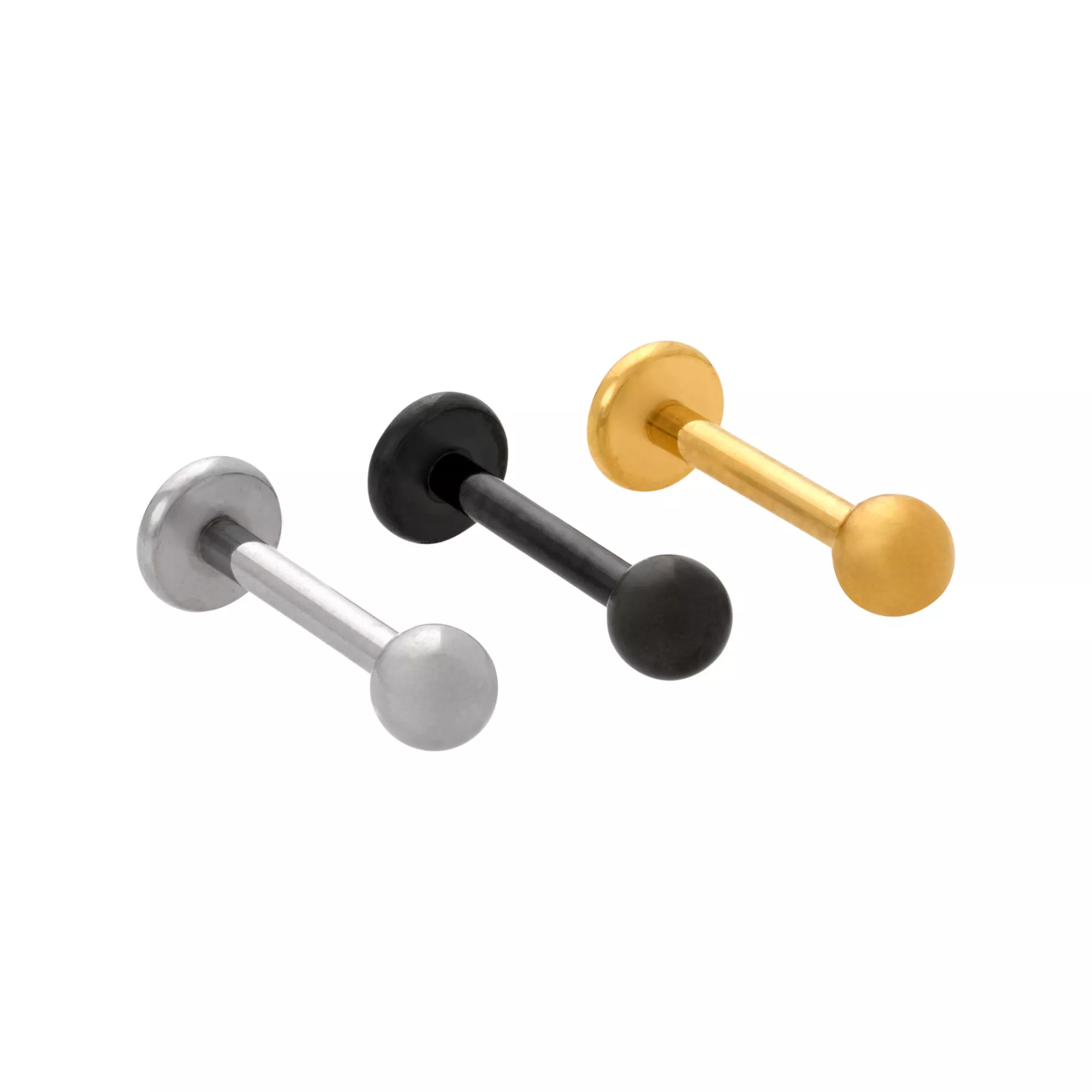 Multi-Pack ASTM F-136 Titanium Black Silver- and Gold-Plated Labret Lip Rings 3 Pack - 16 Gauge at Spencer's
