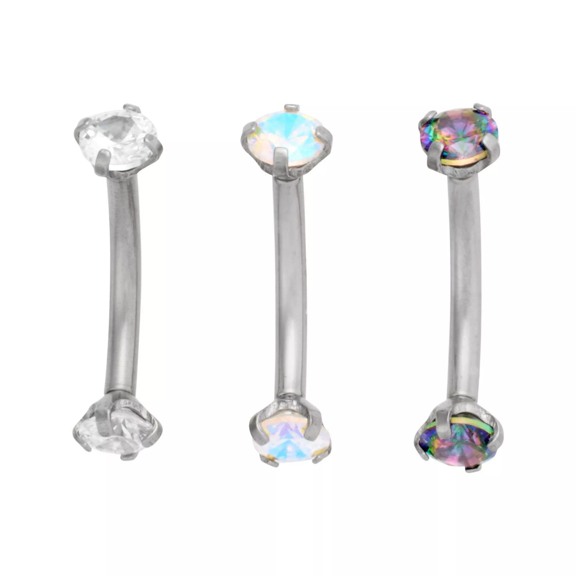 Multi-Pack ASTM F-136 Titanium Round Prong CZ Curved Barbells 3 Pack - 16 Gauge at Spencer's