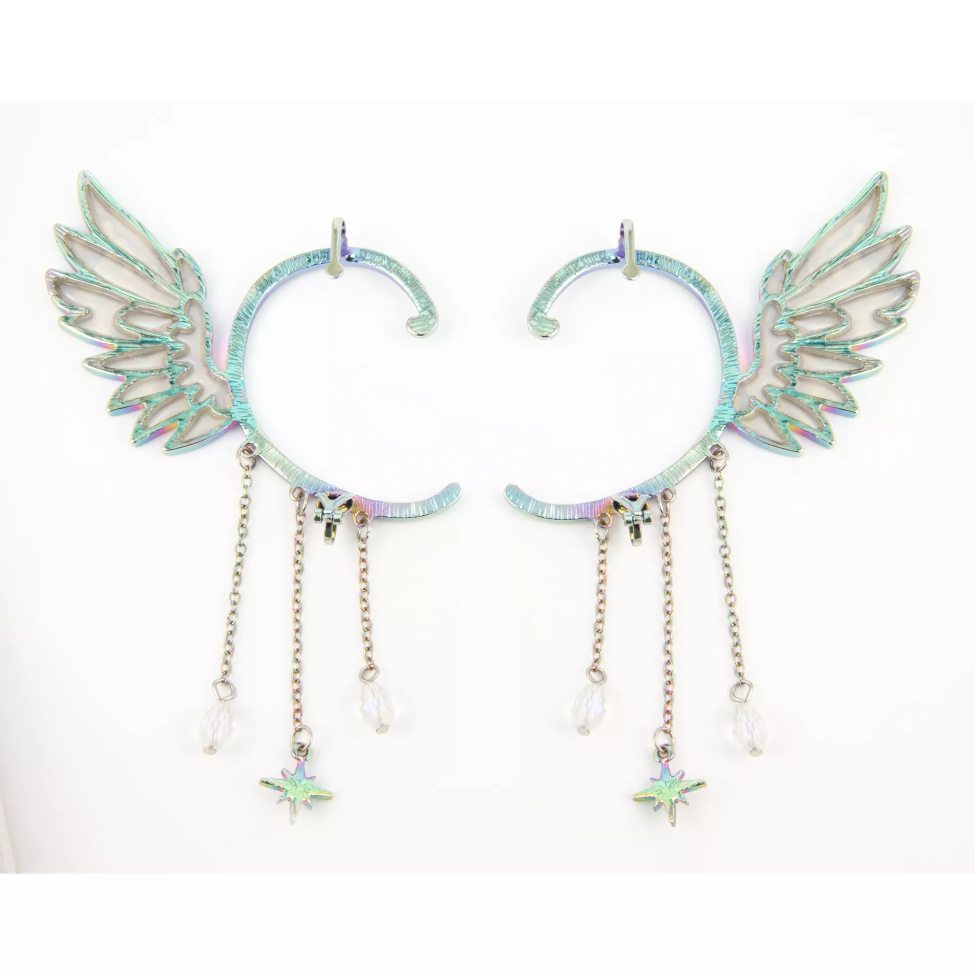Iridescent Angel Wing Dangle Ear Cuffs