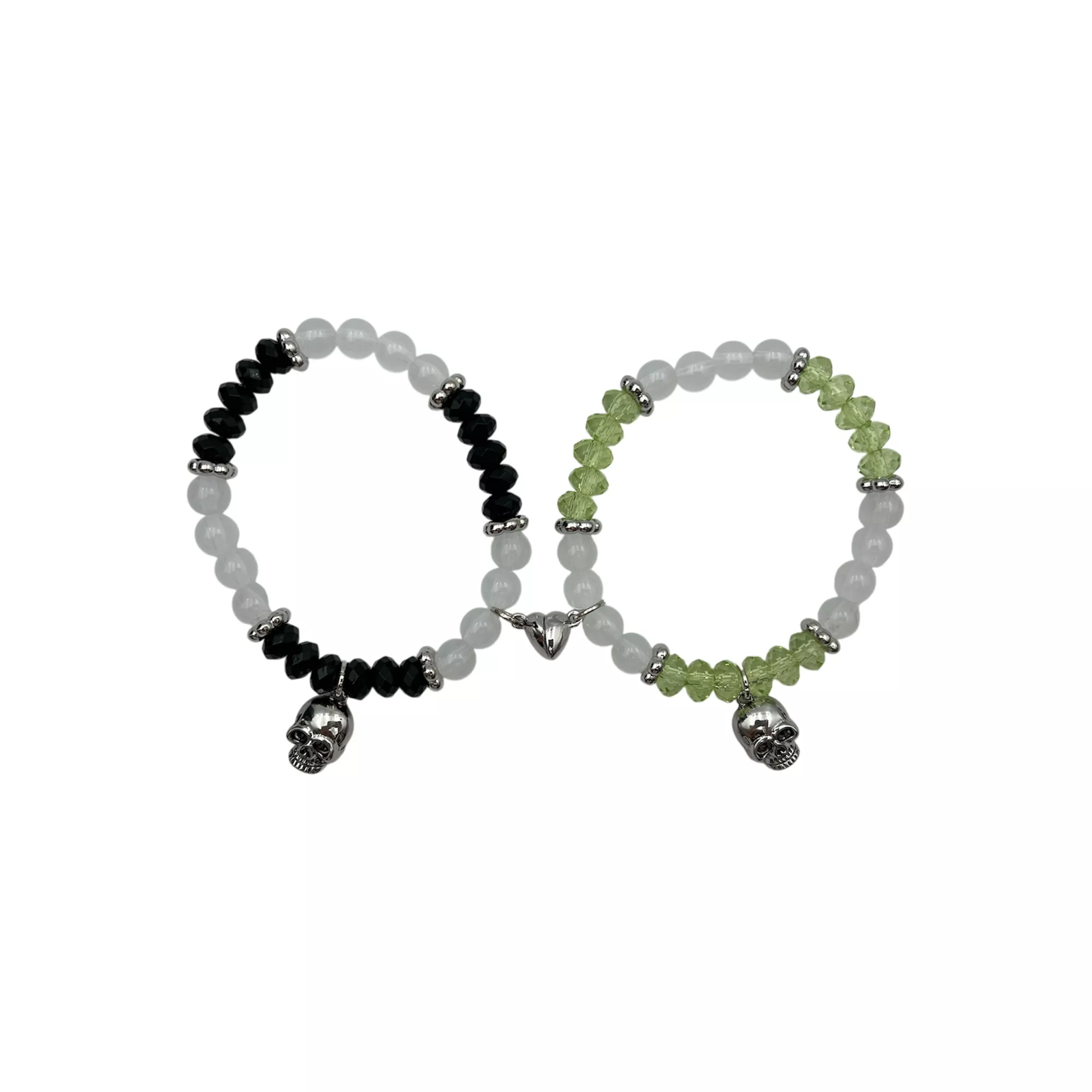 Black and Green Beaded Skull Magnetic Long Distance Bracelet Set
