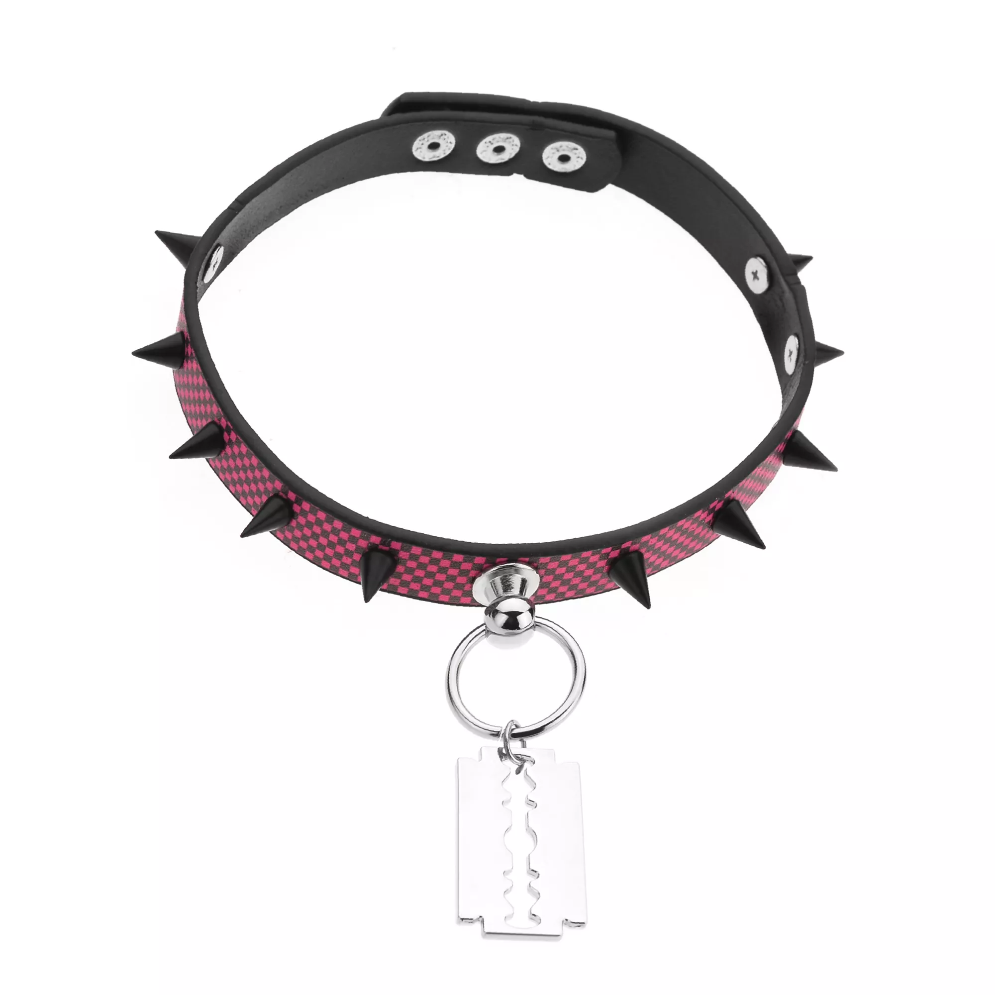 Checkered and Spiked Razor Blade Choker Necklace