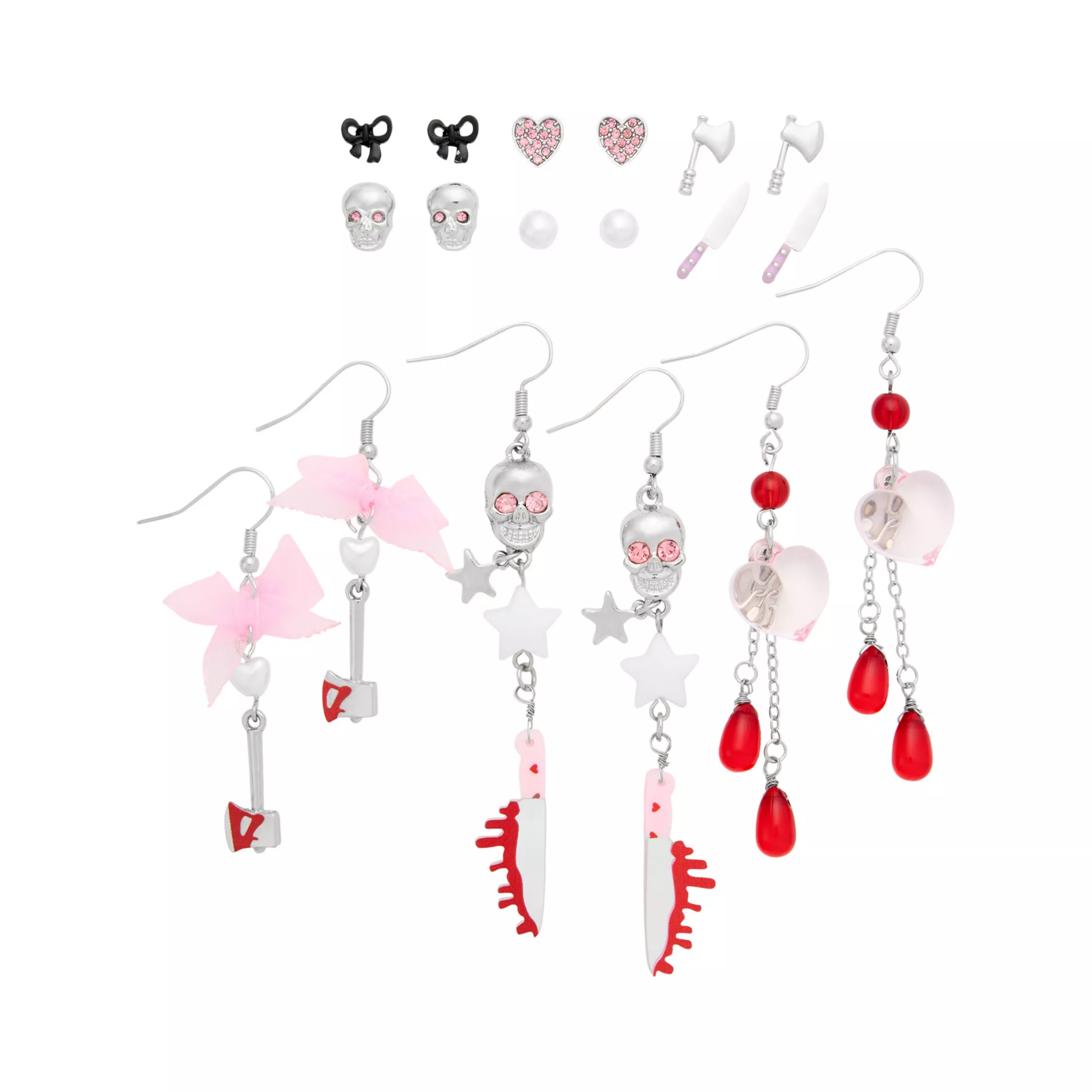 Multi-Pack Bloody Knife Bow Skull Stud and Dangle Earrings - 9 Pair