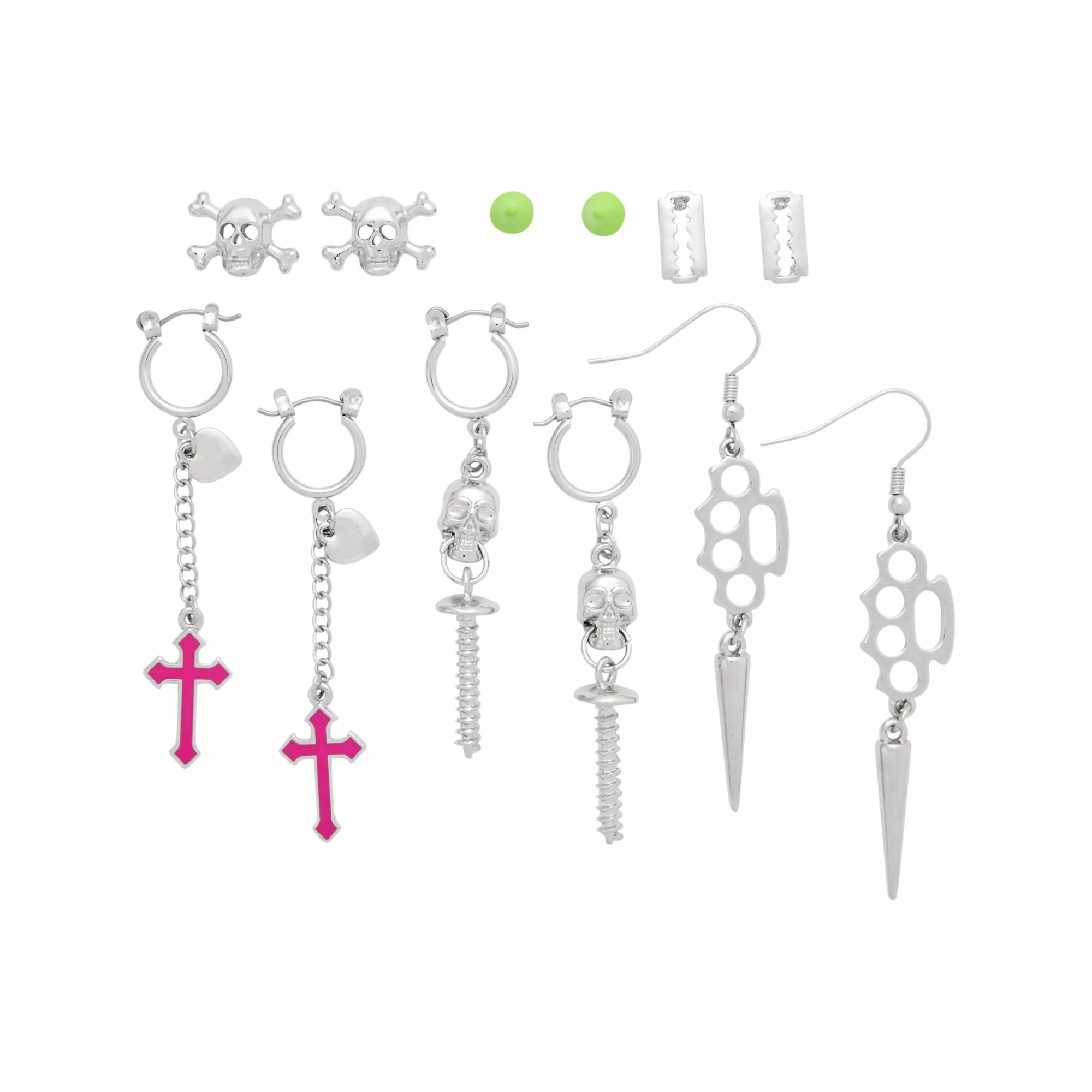 Multi-Pack Cross Skull Screw Stud and Dangle Earrings - 6 Pair