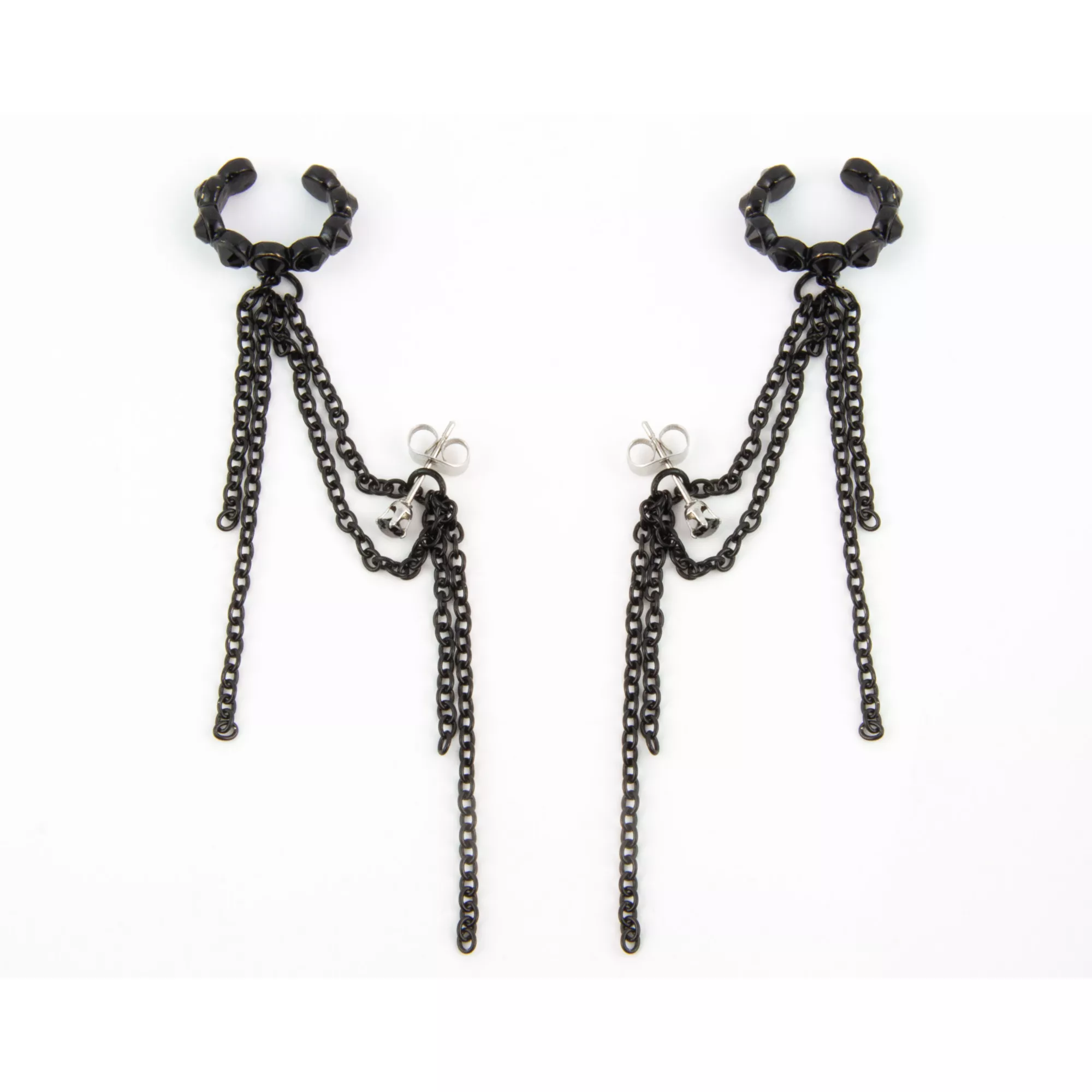 Black Drop Chain Earrings with Cuffs
