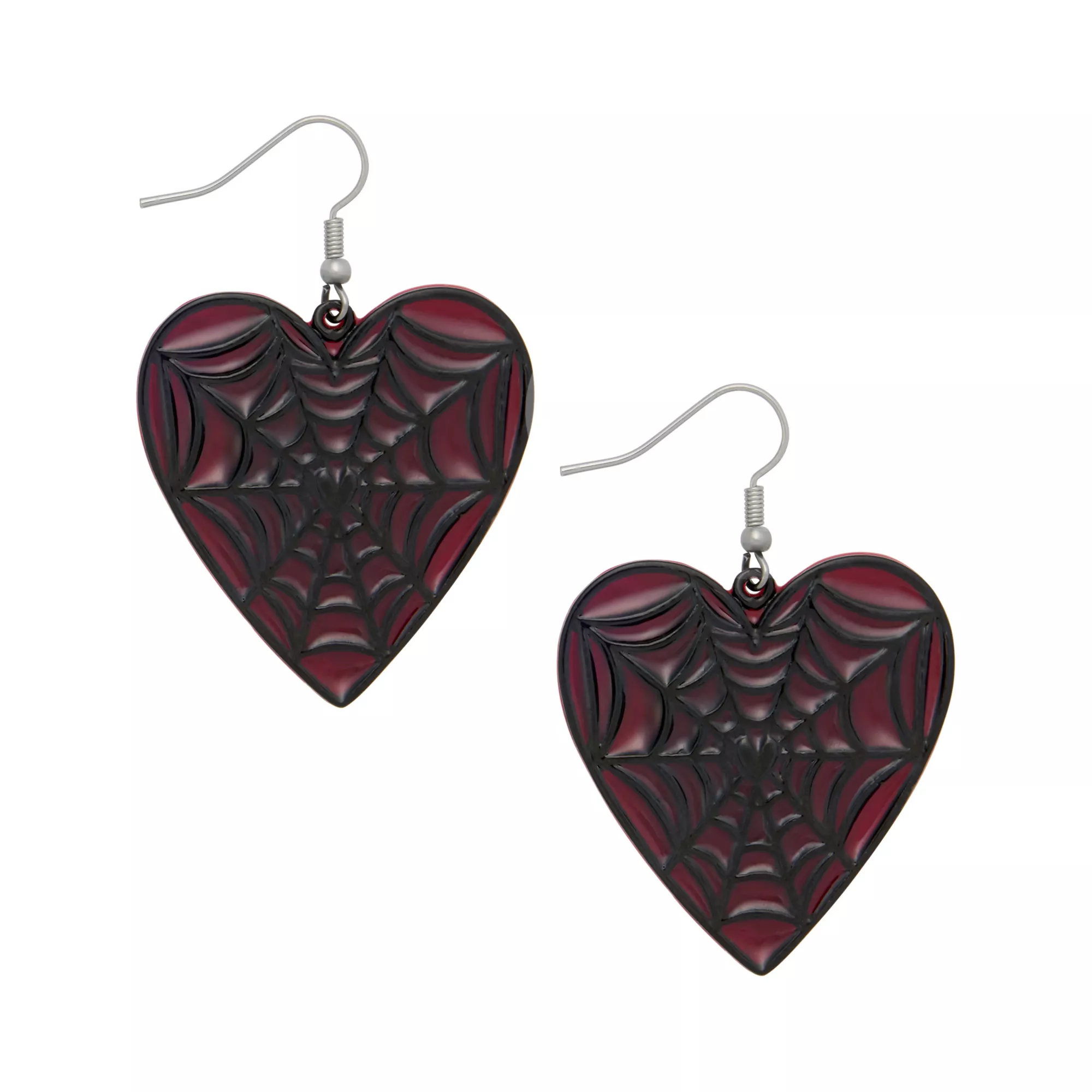 Black and Red Spider Web Heart Dangle Earrings