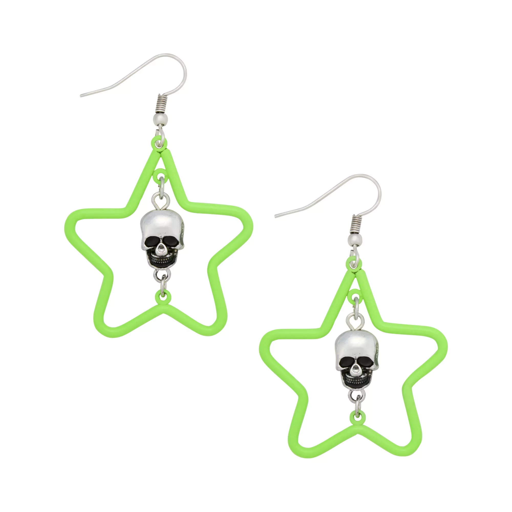 Green Star Skull Dangle Earrings