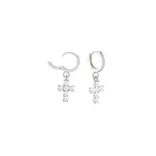 CZ Cross Silver-Tone Dangle Huggie Hoop Earrings - 18 Gauge at Spencer's