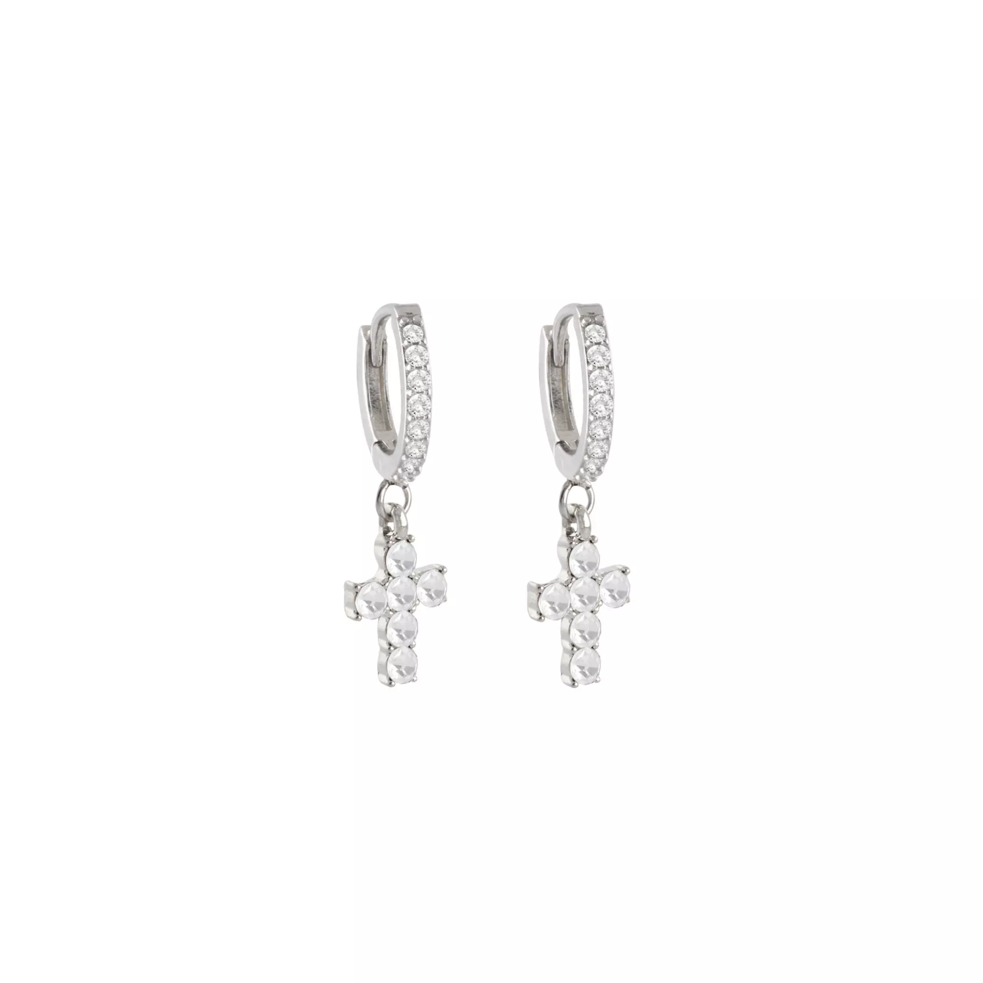 CZ Cross Silver-Tone Dangle Huggie Hoop Earrings - 18 Gauge