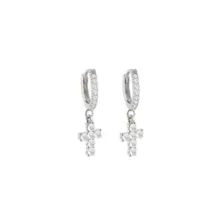 CZ Cross Silver-Tone Dangle Huggie Hoop Earrings - 18 Gauge at Spencer's