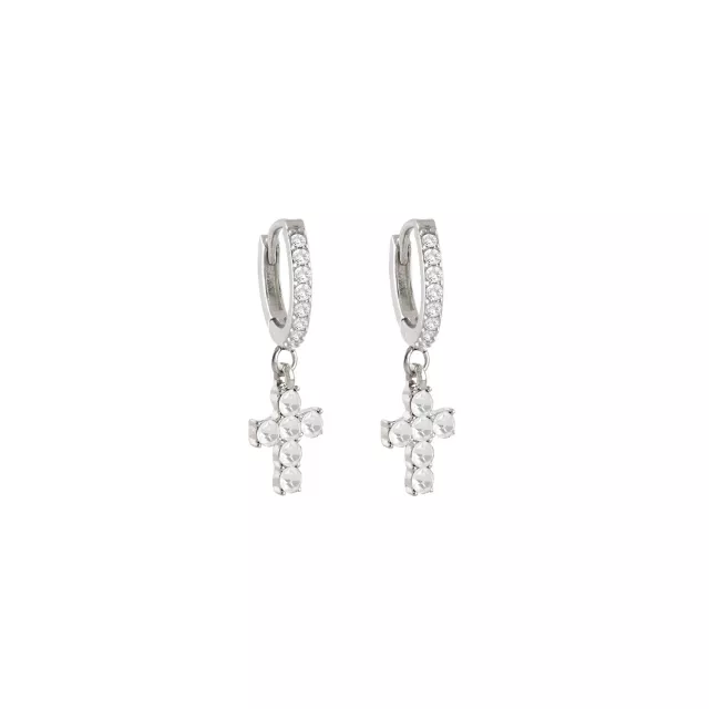 CZ Cross Silver-Tone Dangle Huggie Hoop Earrings - 18 Gauge at Spencer's