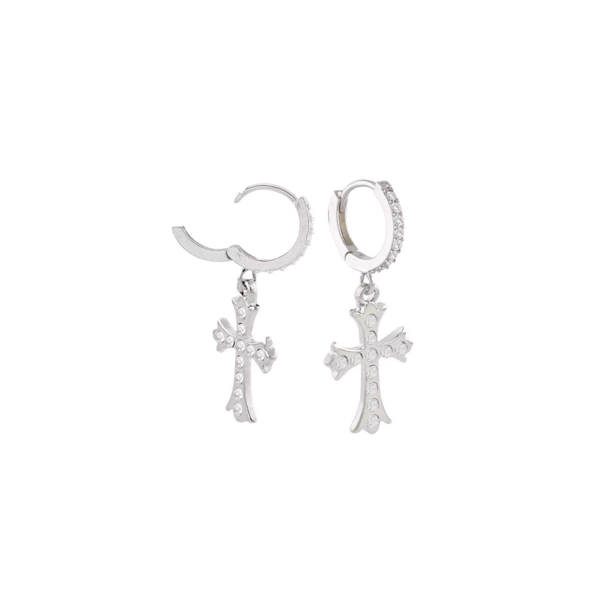 CZ Gothic Cross Silver-Tone Titanium Dangle Huggie Hoop Earrings - 18 Gauge at Spencer's