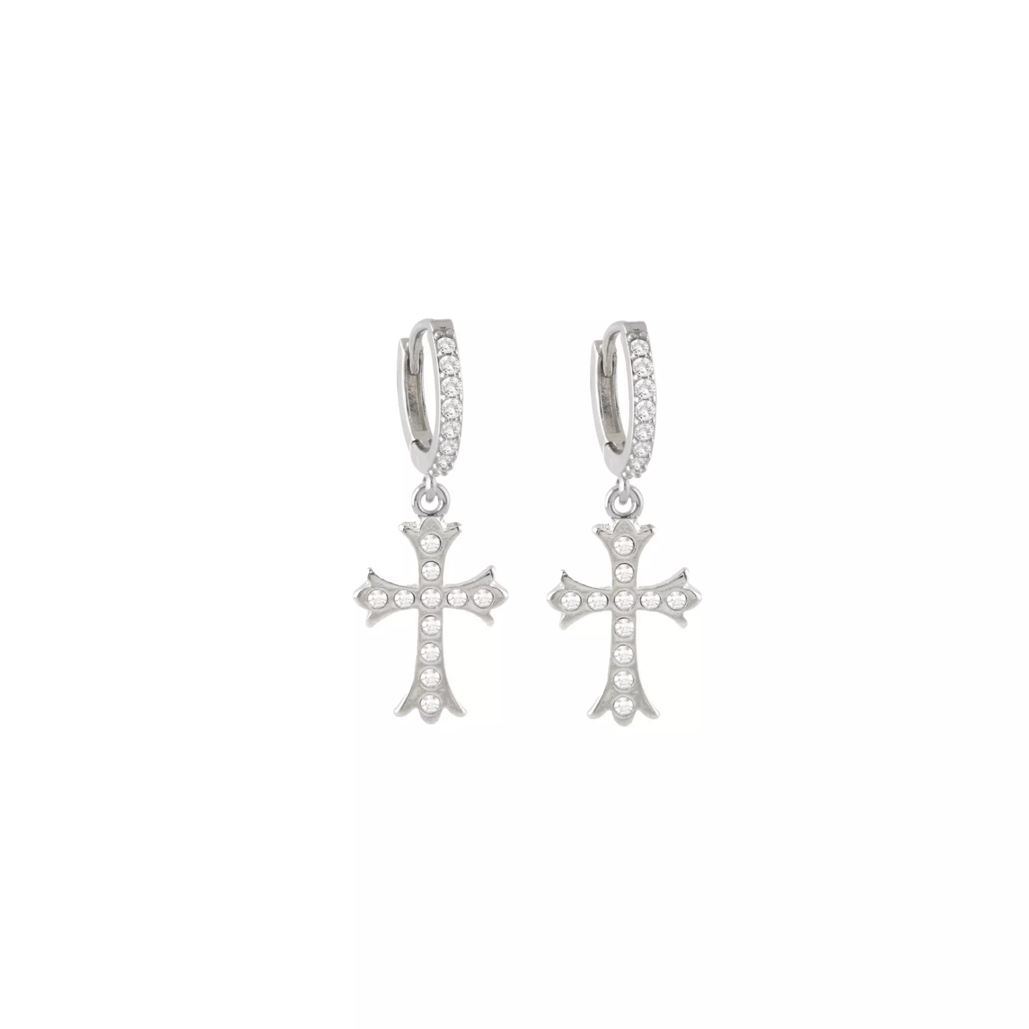 CZ Gothic Cross Silver-Tone Titanium Dangle Huggie Hoop Earrings - 18 Gauge at Spencer's