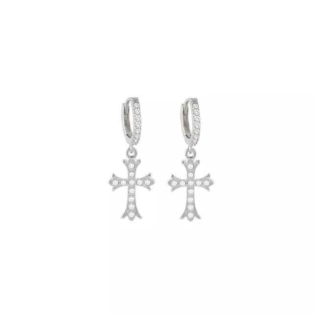 CZ Gothic Cross Silver-Tone Titanium Dangle Huggie Hoop Earrings - 18 Gauge at Spencer's