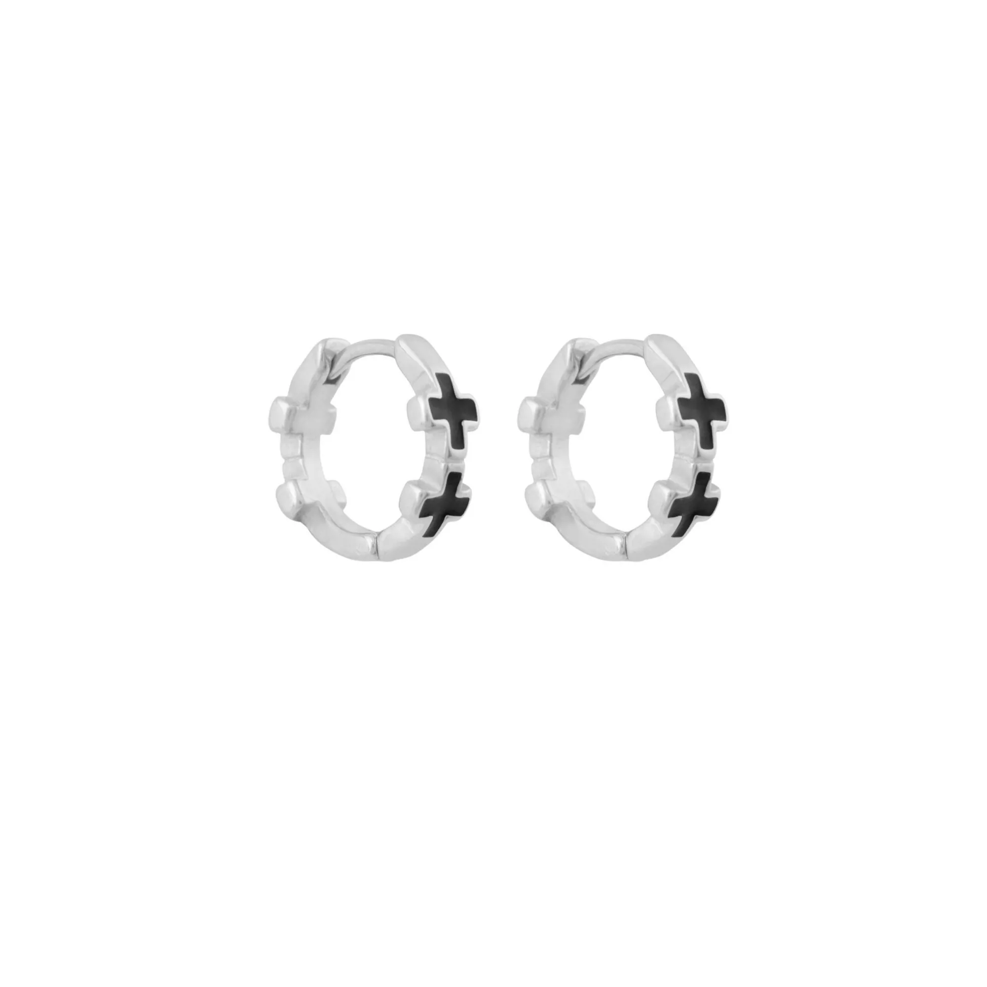 Black Cross Silver-Tone Huggie Hoop Earrings - 18 Gauge