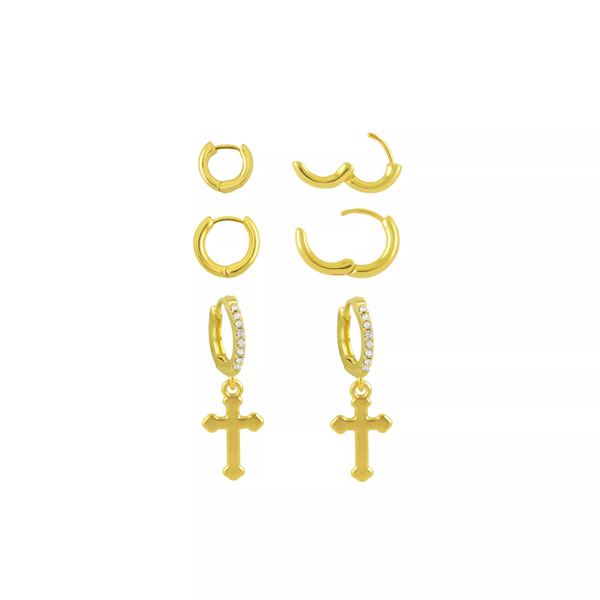 Multi-Pack Clear CZ Cross Dangle and Basic Gold-Tone Titanium Huggie Hoops 3 Pair - 18 Gauge at Spencer's