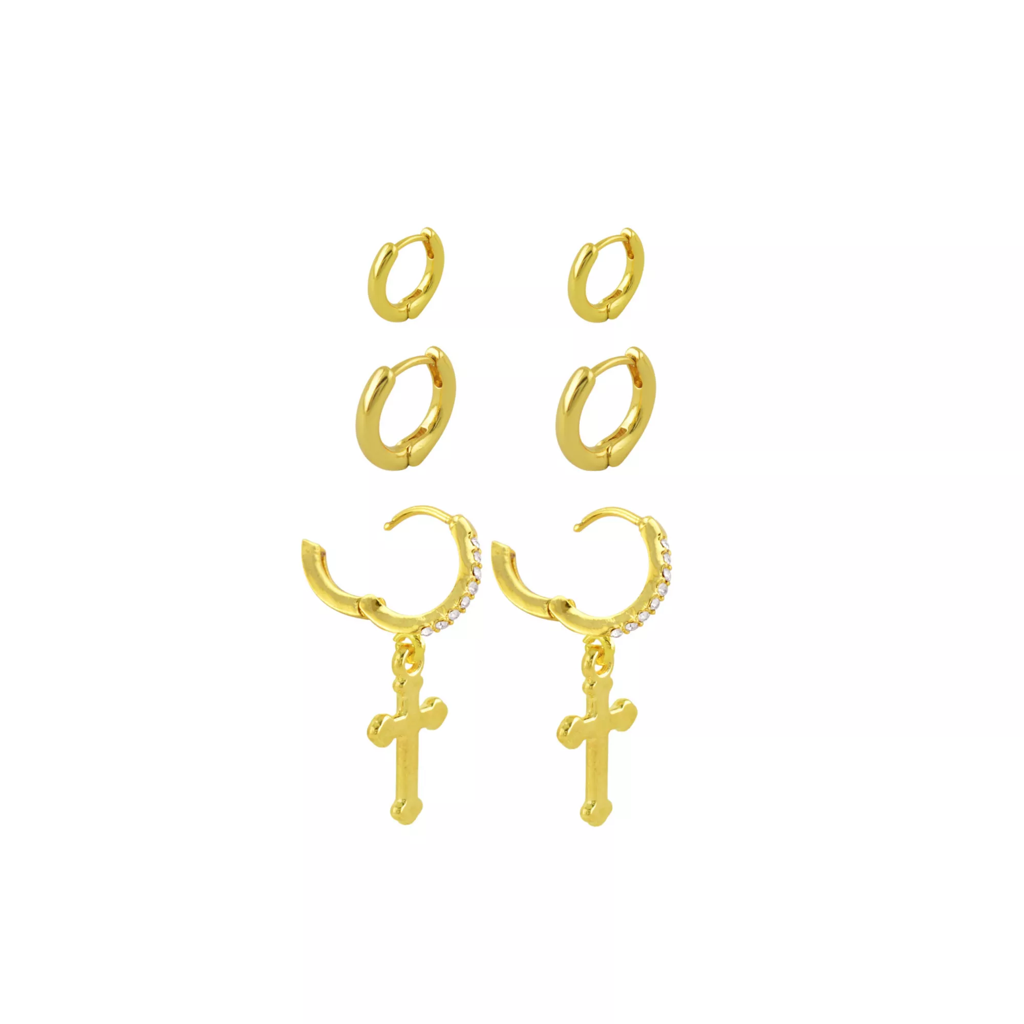 Multi-Pack Clear CZ Cross Dangle and Basic Gold-Tone Titanium Huggie Hoops 3 Pair - 18 Gauge at Spencer's