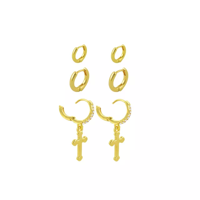 Multi-Pack Clear CZ Cross Dangle and Basic Gold-Tone Titanium Huggie Hoops 3 Pair - 18 Gauge at Spencer's