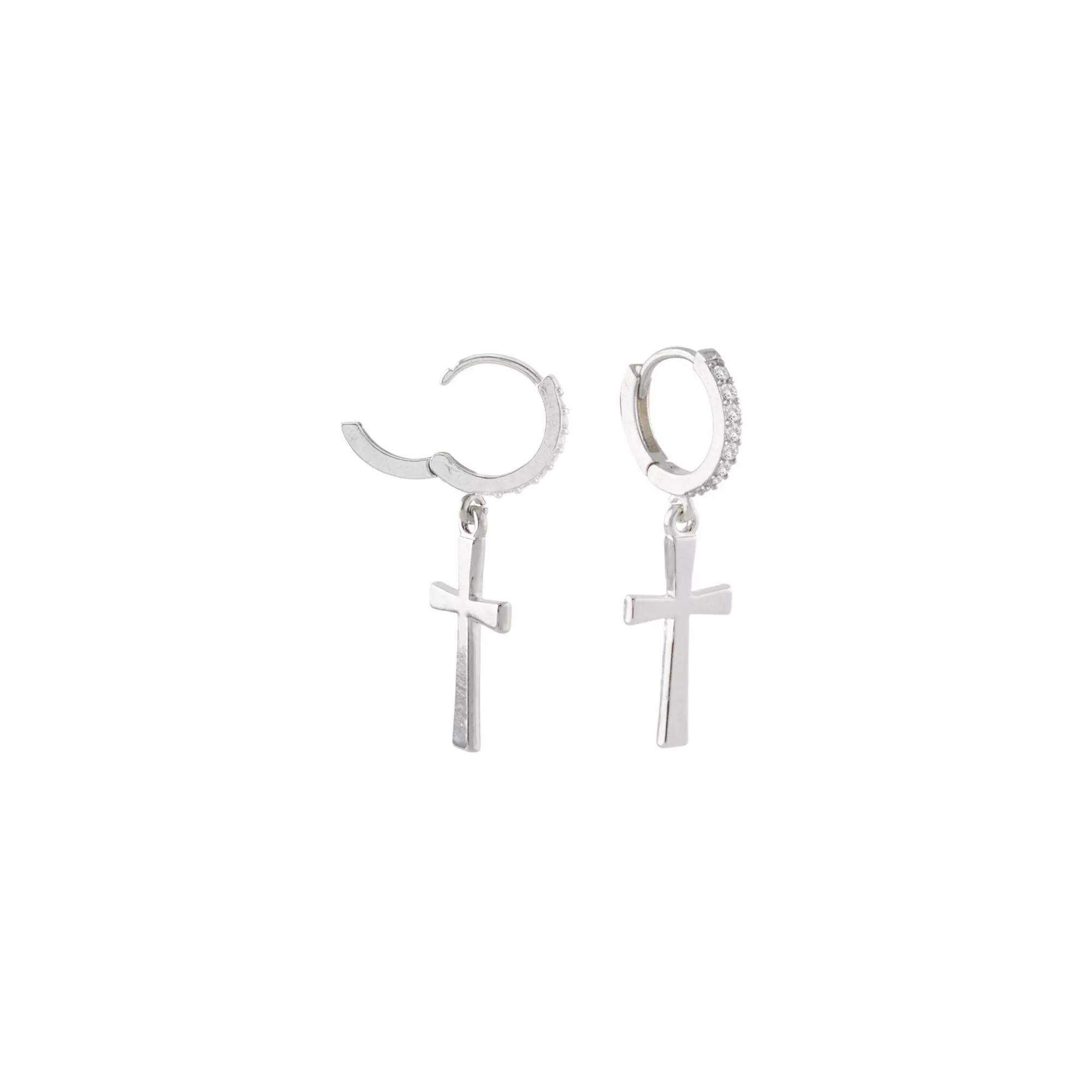 CZ Large Cross Silver-Tone Titanium Dangle Huggie Hoop Earrings - 18 Gauge at Spencer's