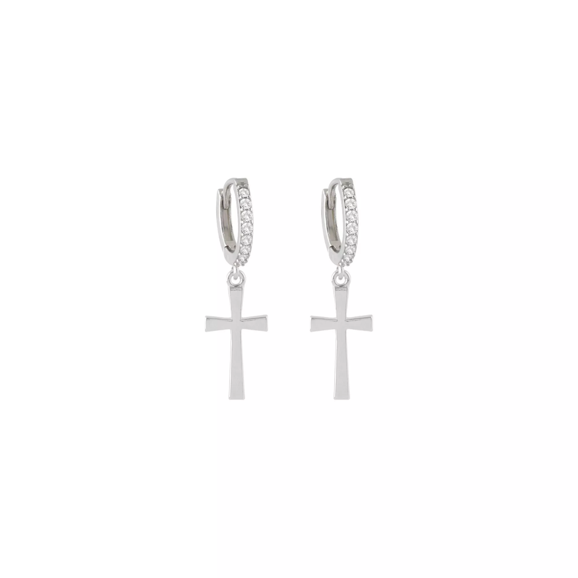 CZ Large Cross Silver-Tone Titanium Dangle Huggie Hoop Earrings - 18 Gauge at Spencer's
