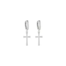 CZ Large Cross Silver-Tone Titanium Dangle Huggie Hoop Earrings - 18 Gauge at Spencer's
