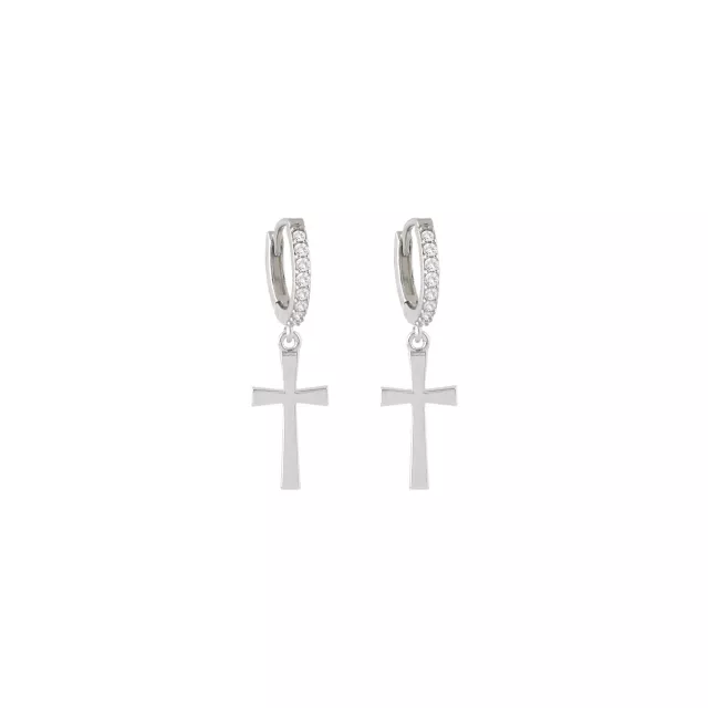 CZ Large Cross Silver-Tone Titanium Dangle Huggie Hoop Earrings - 18 Gauge at Spencer's