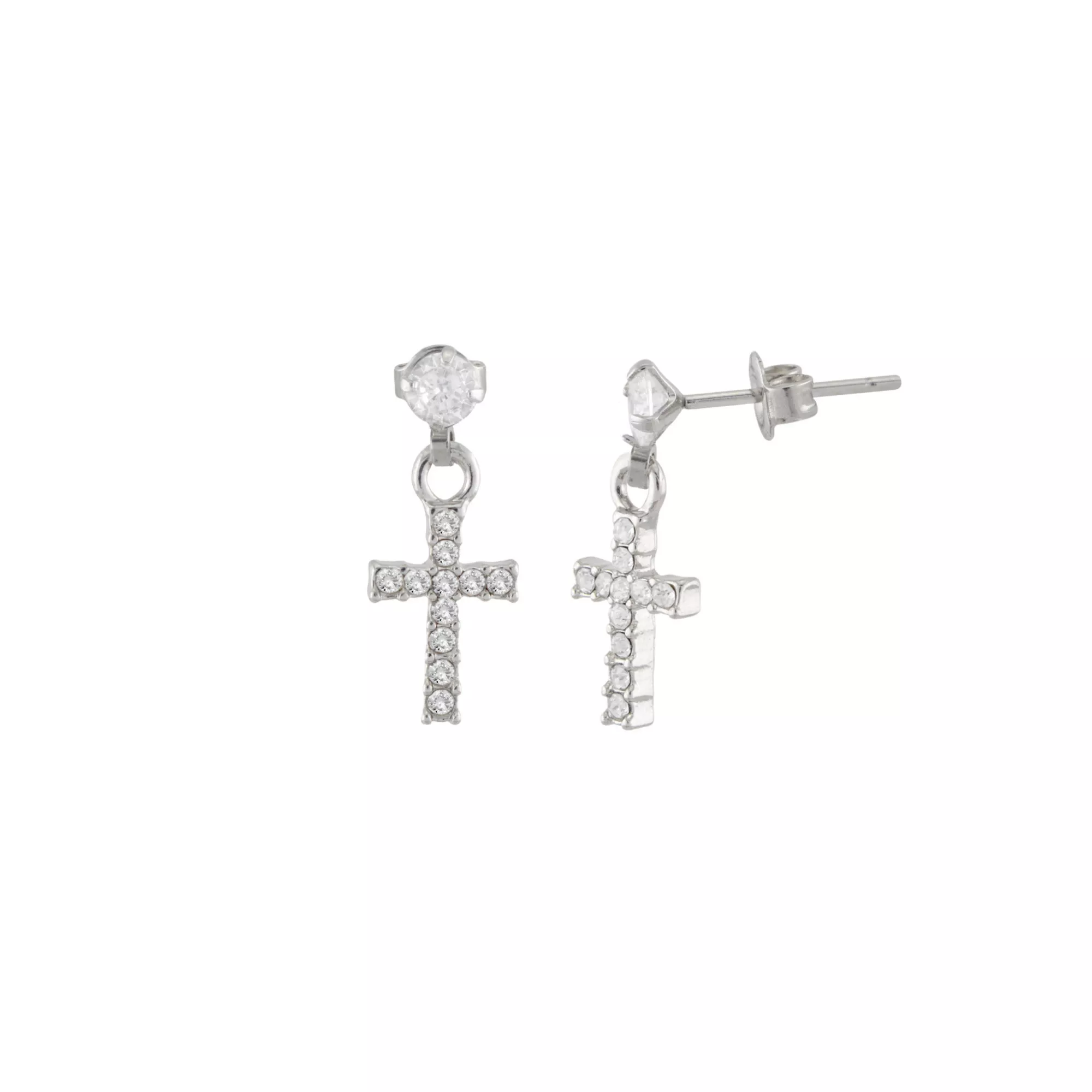 CZ Cross 14K White Gold-Plated Titanium Dangle Stud Earrings - 20 Gauge at Spencer's
