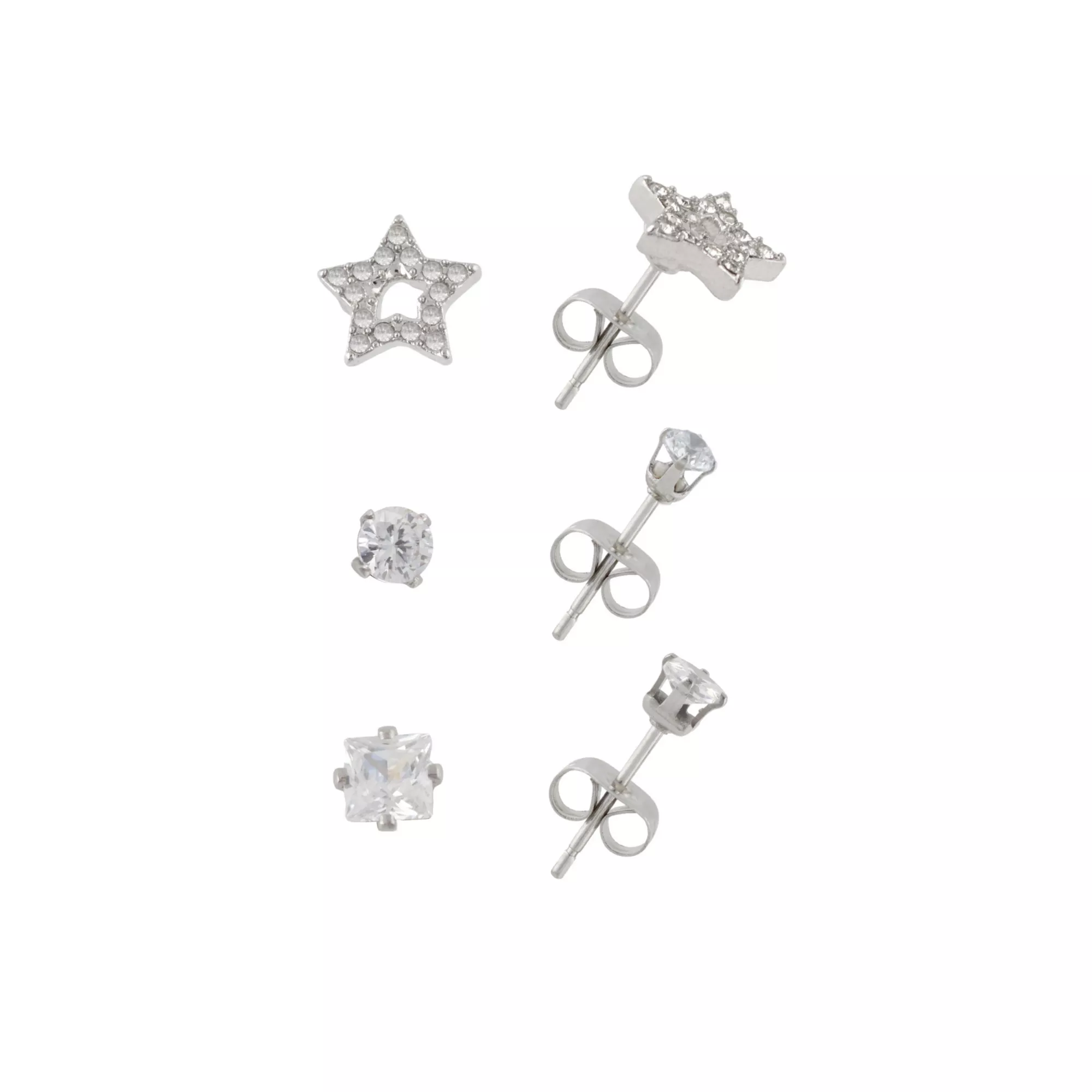 Multi-Pack CZ Silver-Tone Star Stud Earrings 3 Pack - 20 Gauge at Spencer's