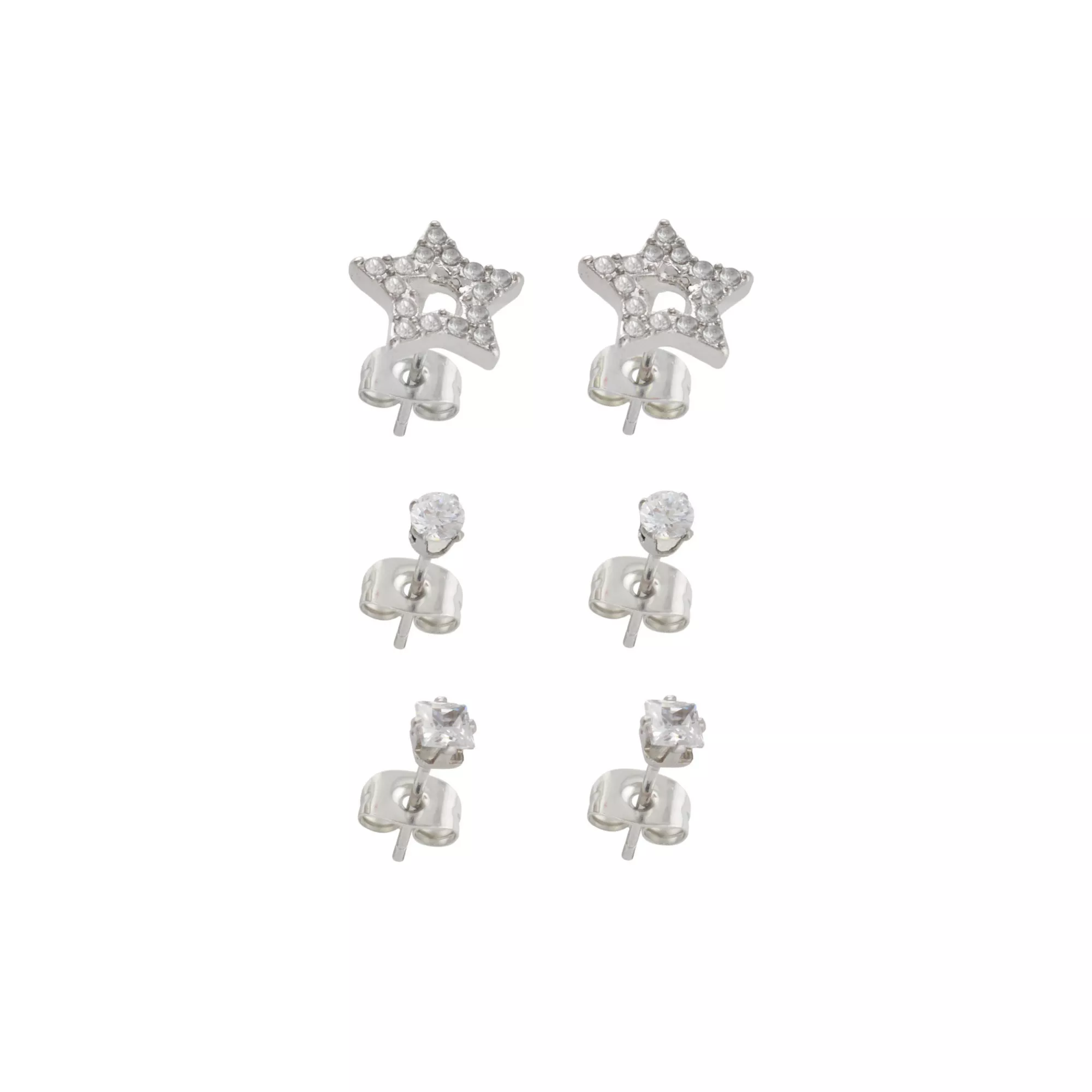 Multi-Pack CZ Silver-Tone Star Stud Earrings 3 Pack - 20 Gauge at Spencer's