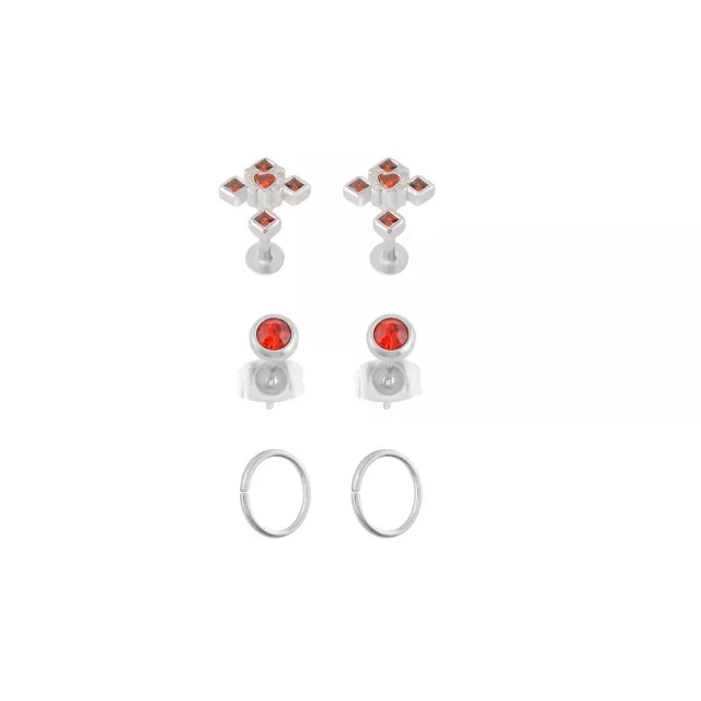 Multi-Pack Red CZ Cross Silver-Tone Stud and Hoop Earrings 3 Pairs - 18 Gauge at Spencer's