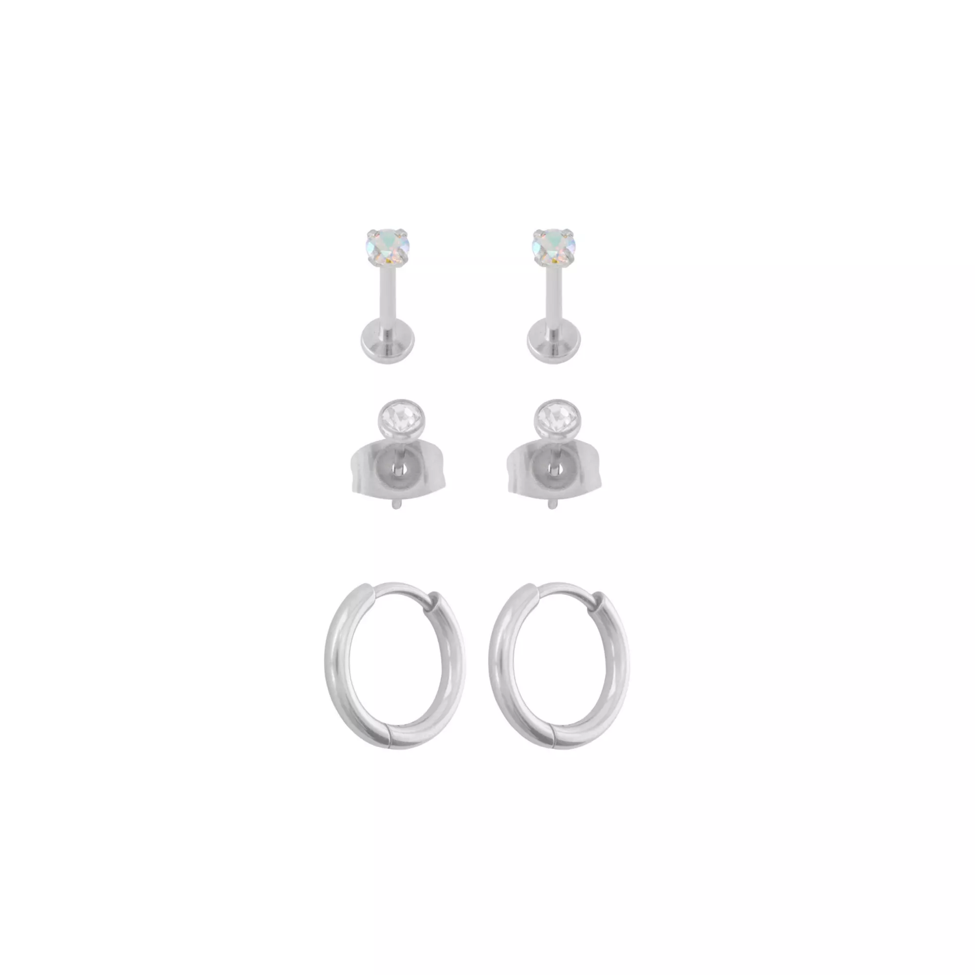 Multi-Pack Silver-Tone Clear CZ Stud and Hinged Hoop Earrings 3 Pairs - 18 Gauge