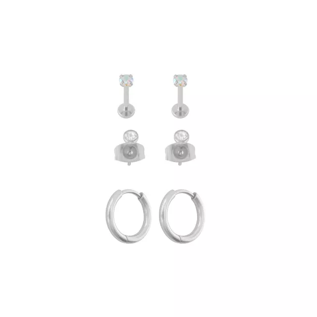 Multi-Pack Silver-Tone Clear CZ Stud and Hinged Hoop Earrings 3 Pairs - 18 Gauge at Spencer's