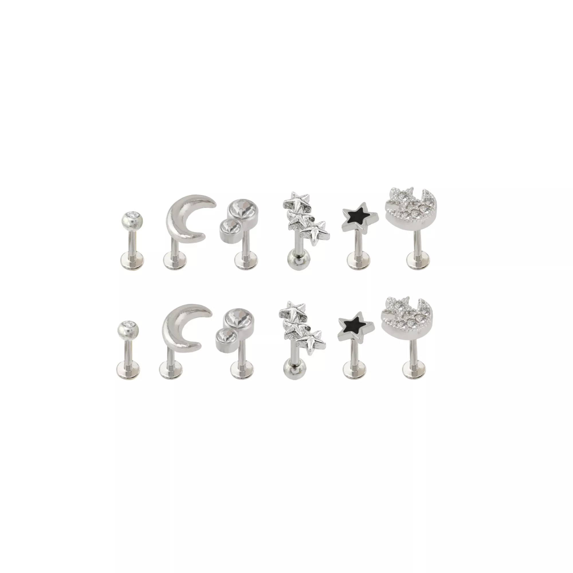 Multi-Pack CZ Silver-Tone Celestial Assorted Labret Lips Rings 6 Pairs - 18 Gauge at Spencer's