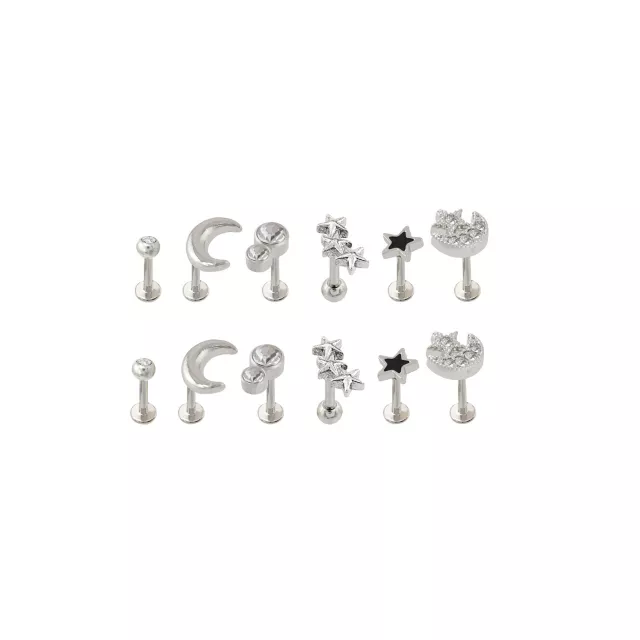 Multi-Pack CZ Silver-Tone Celestial Assorted Labret Lips Rings 6 Pairs - 18 Gauge at Spencer's