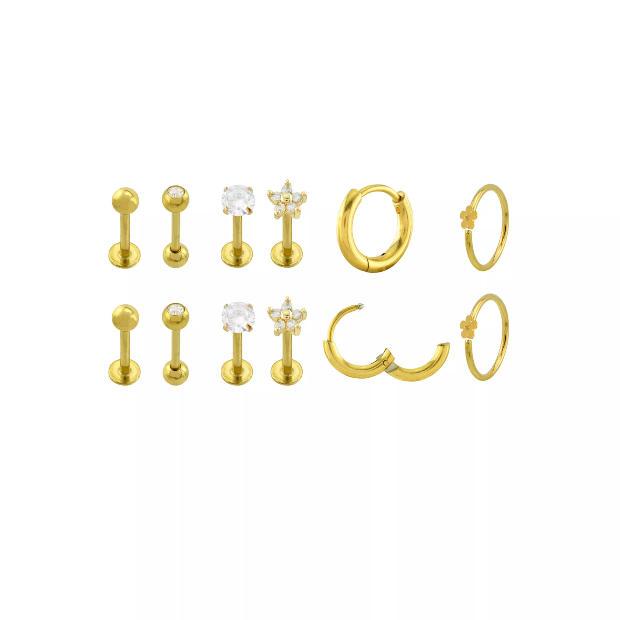 Multi-Pack Gold-Tone Daisy CZ Assorted Hoop and Stud Earrings 6 Pack - 18 Gauge at Spencer's