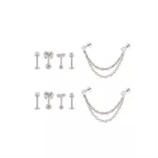 Multi-Pack Clear CZ Bow Heart Silver-Tone Cartilage Labret Pins and Chain 6 Pack - 18 Gauge at Spencer's