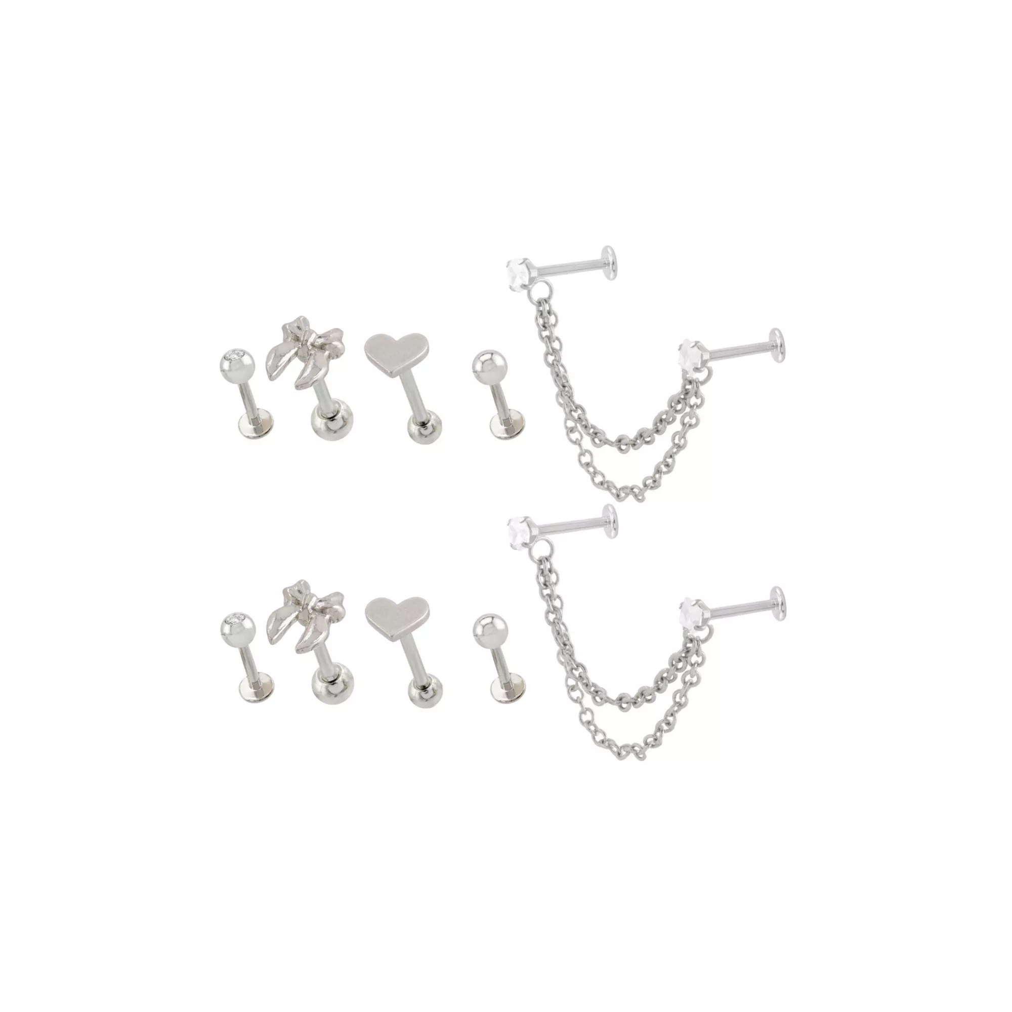 Multi-Pack Clear CZ Bow Heart Silver-Tone Cartilage Labret Pins and Chain 6 Pack - 18 Gauge