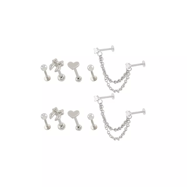 Multi-Pack Clear CZ Bow Heart Silver-Tone Cartilage Labret Pins and Chain 6 Pack - 18 Gauge at Spencer's