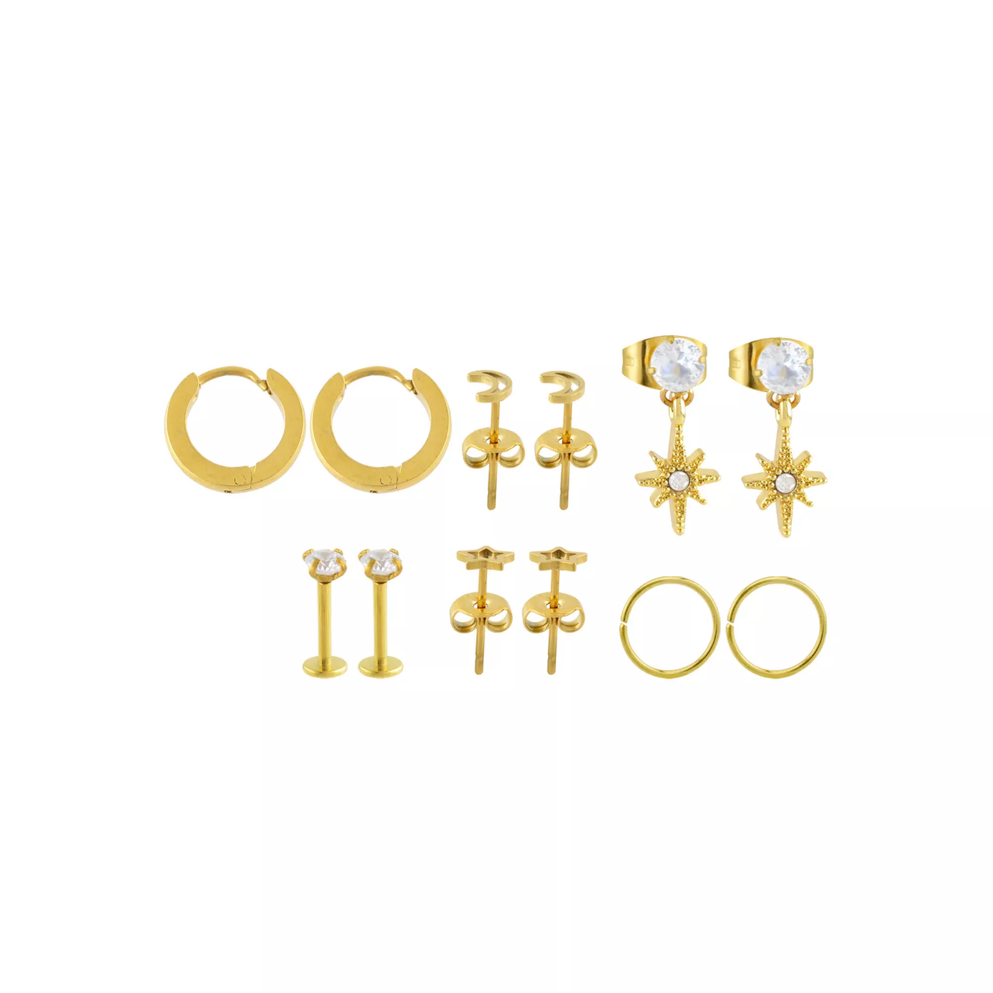 Multi-Pack Clear CZ Celestial Gold-Tone Earrings 6 Pair - 18 Gauge