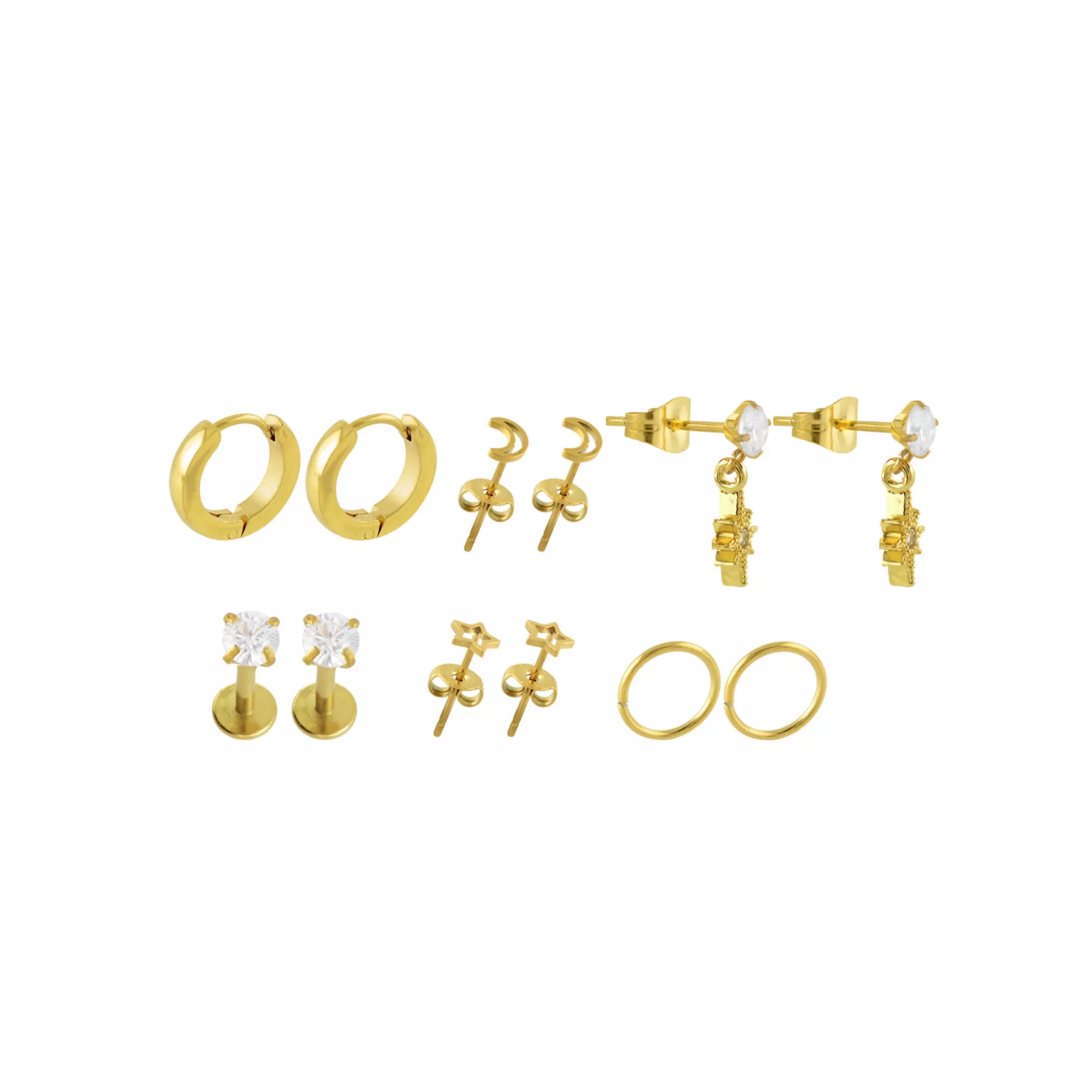 Multi-Pack Clear CZ Celestial Gold-Tone Earrings 6 Pair - 18 Gauge