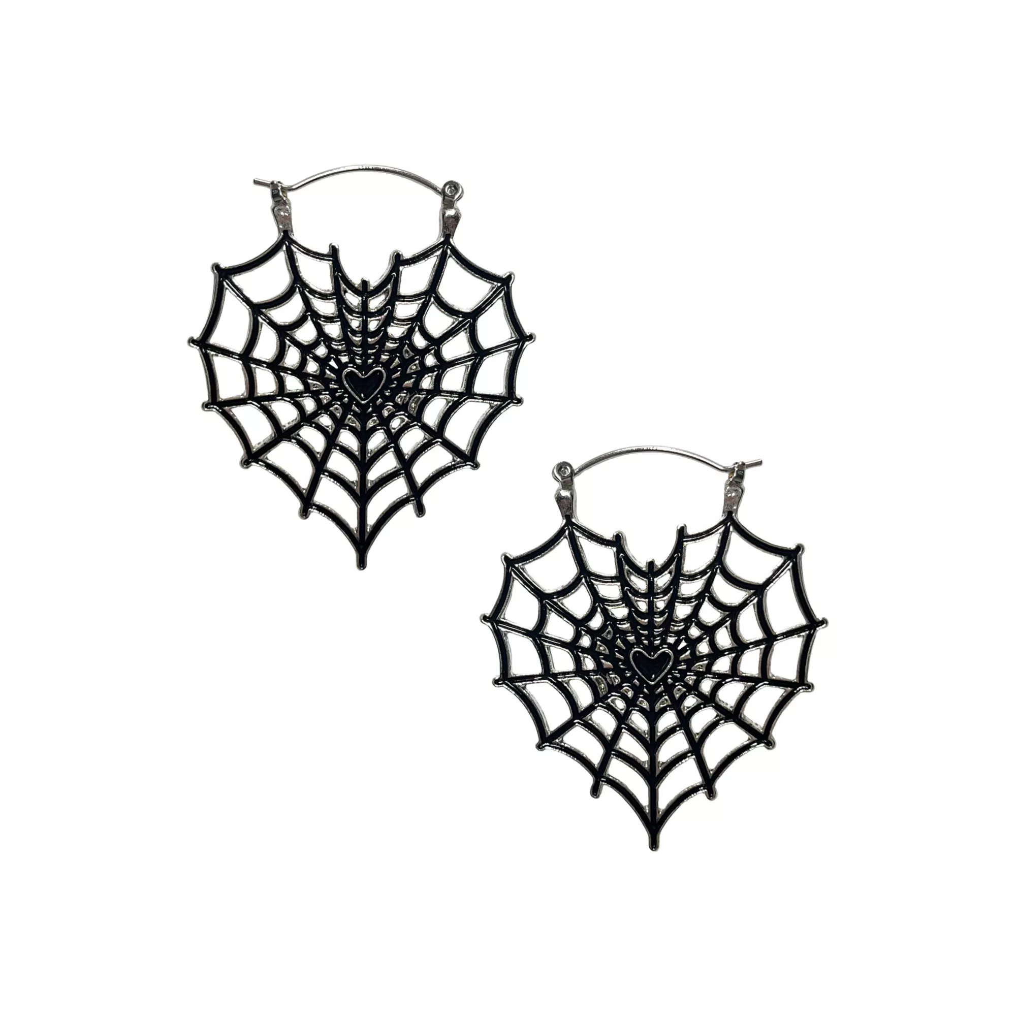Black Spider Web Heart Hoop Earrings - 18 Gauge