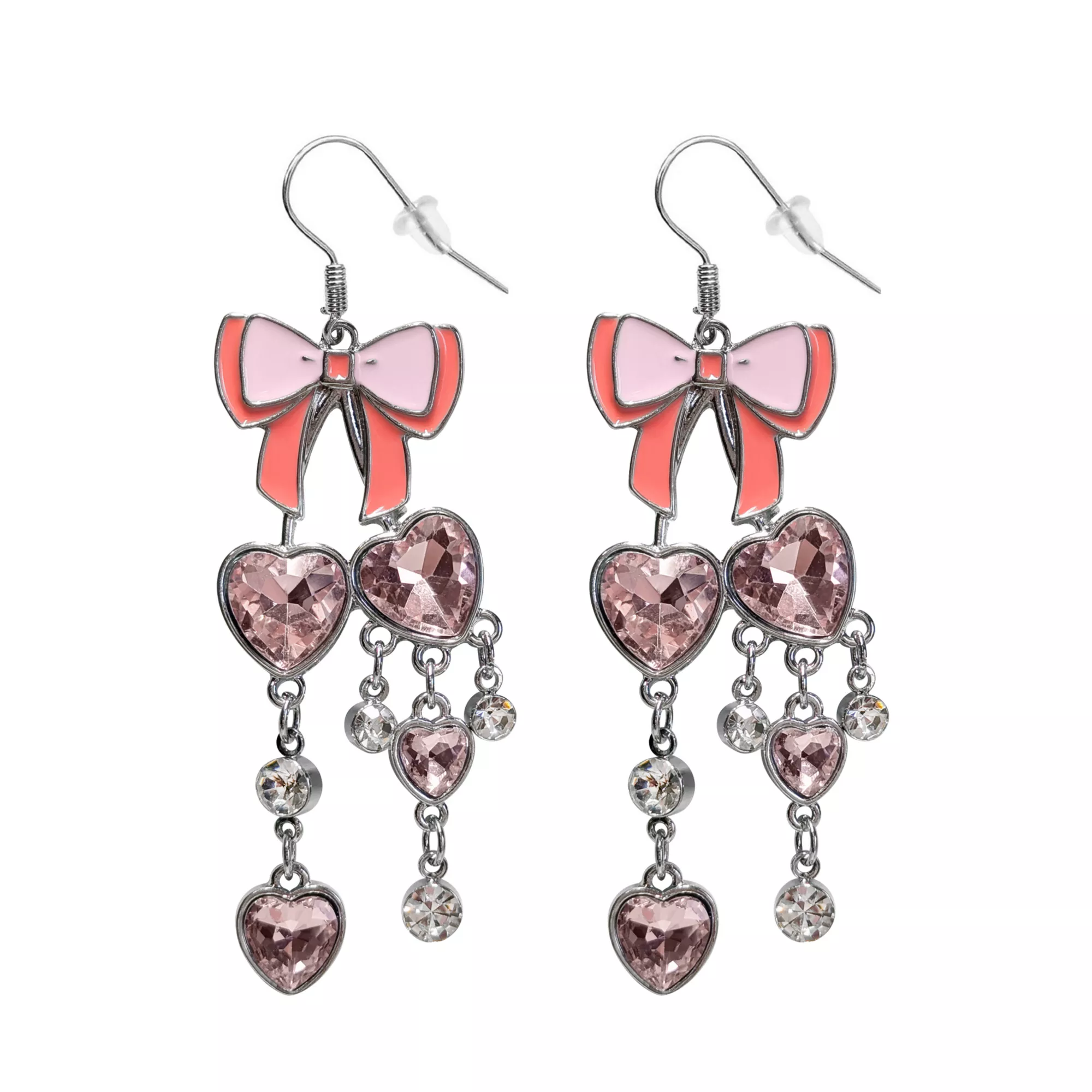 Pink Heart Bow Drop Dangle Earrings - 18 Gauge