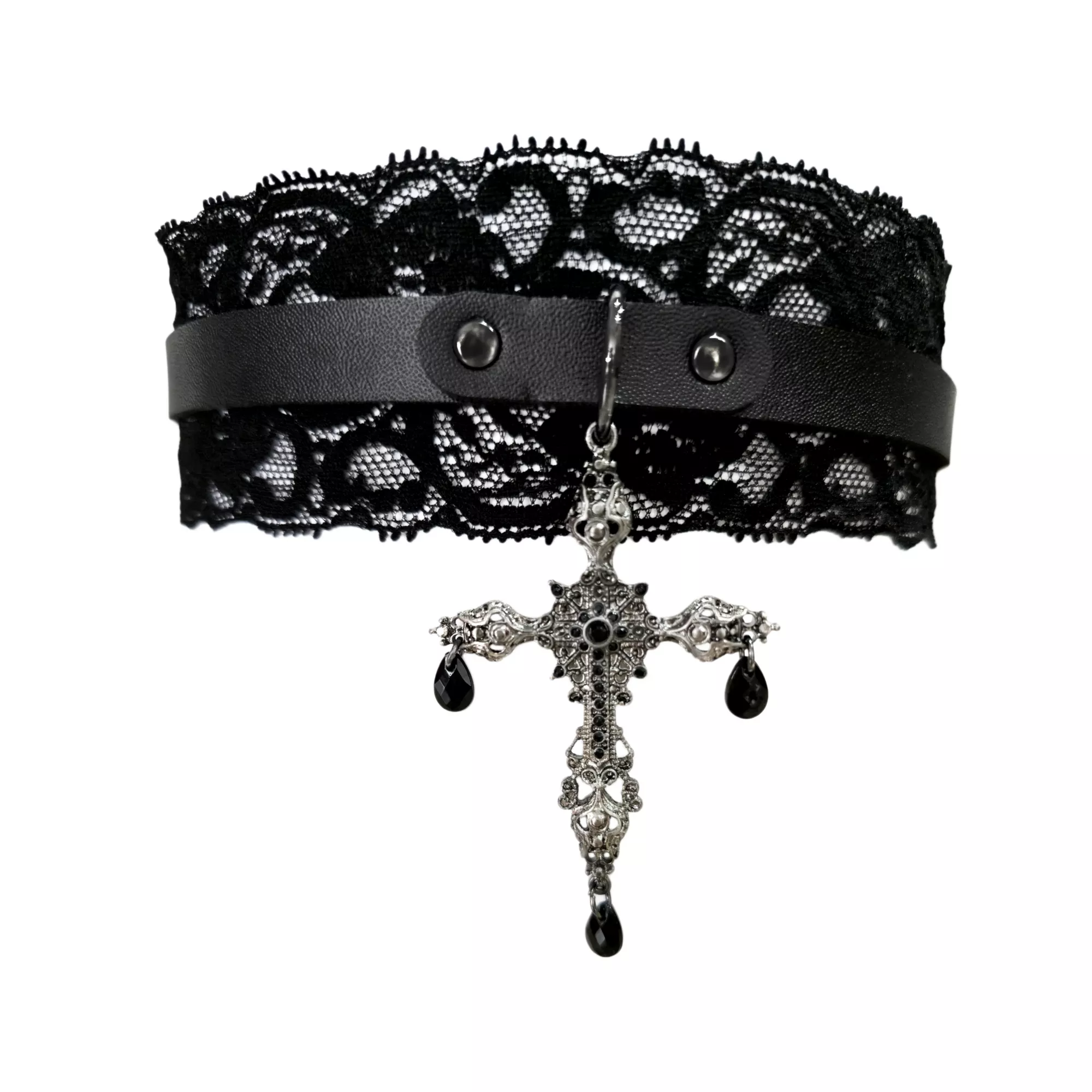 Faux Leather and Lace Cross Pendant Choker Necklace