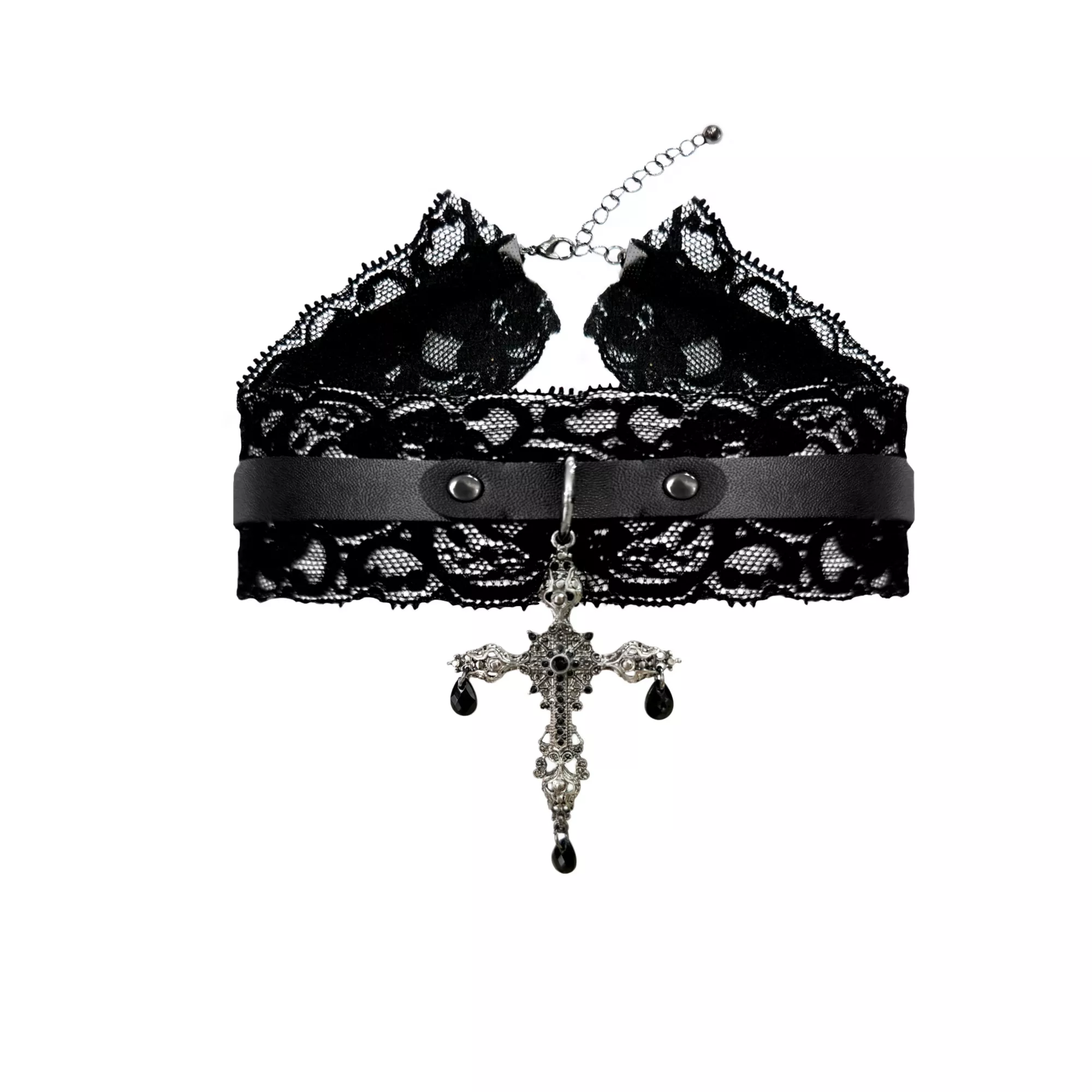 Faux Leather and Lace Cross Pendant Choker Necklace