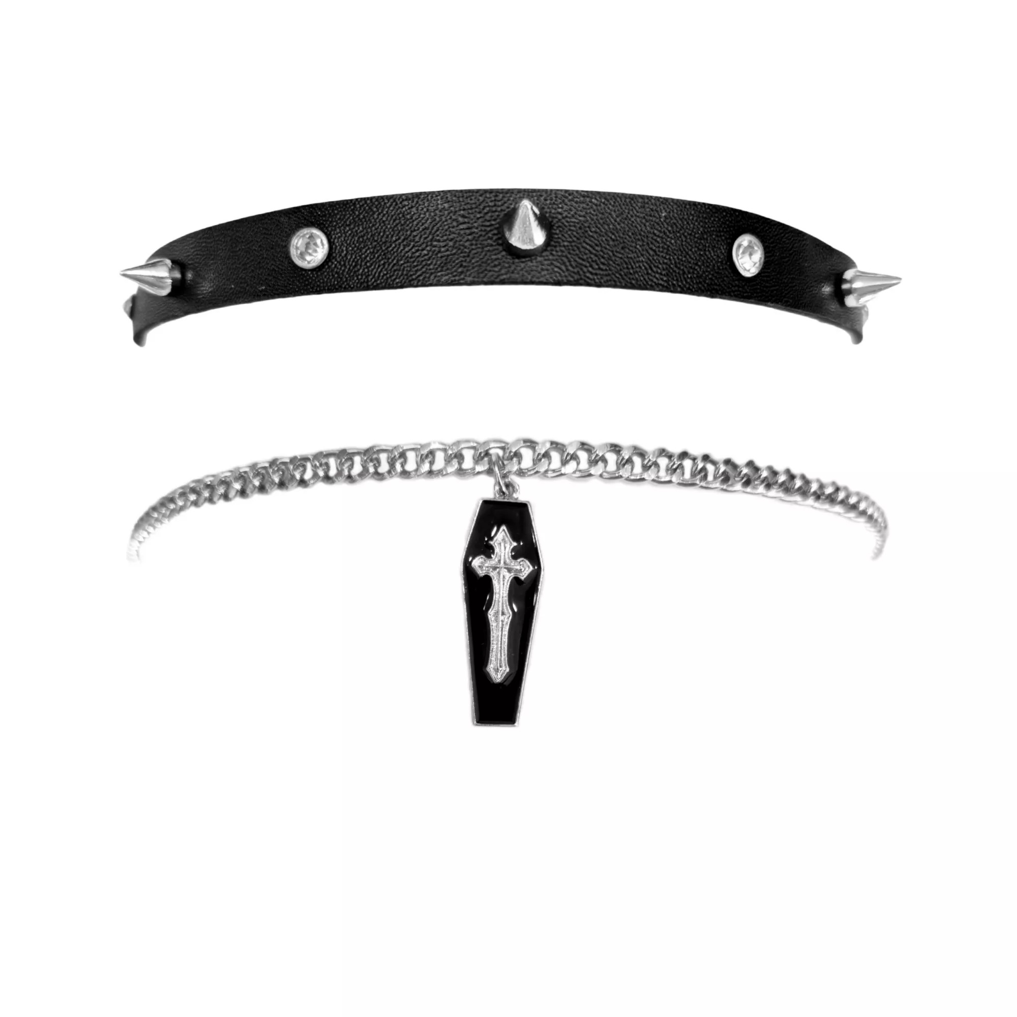 Multi-Pack Spiked Faux Leather and Coffin Chain Choker Necklaces - 2 Pack