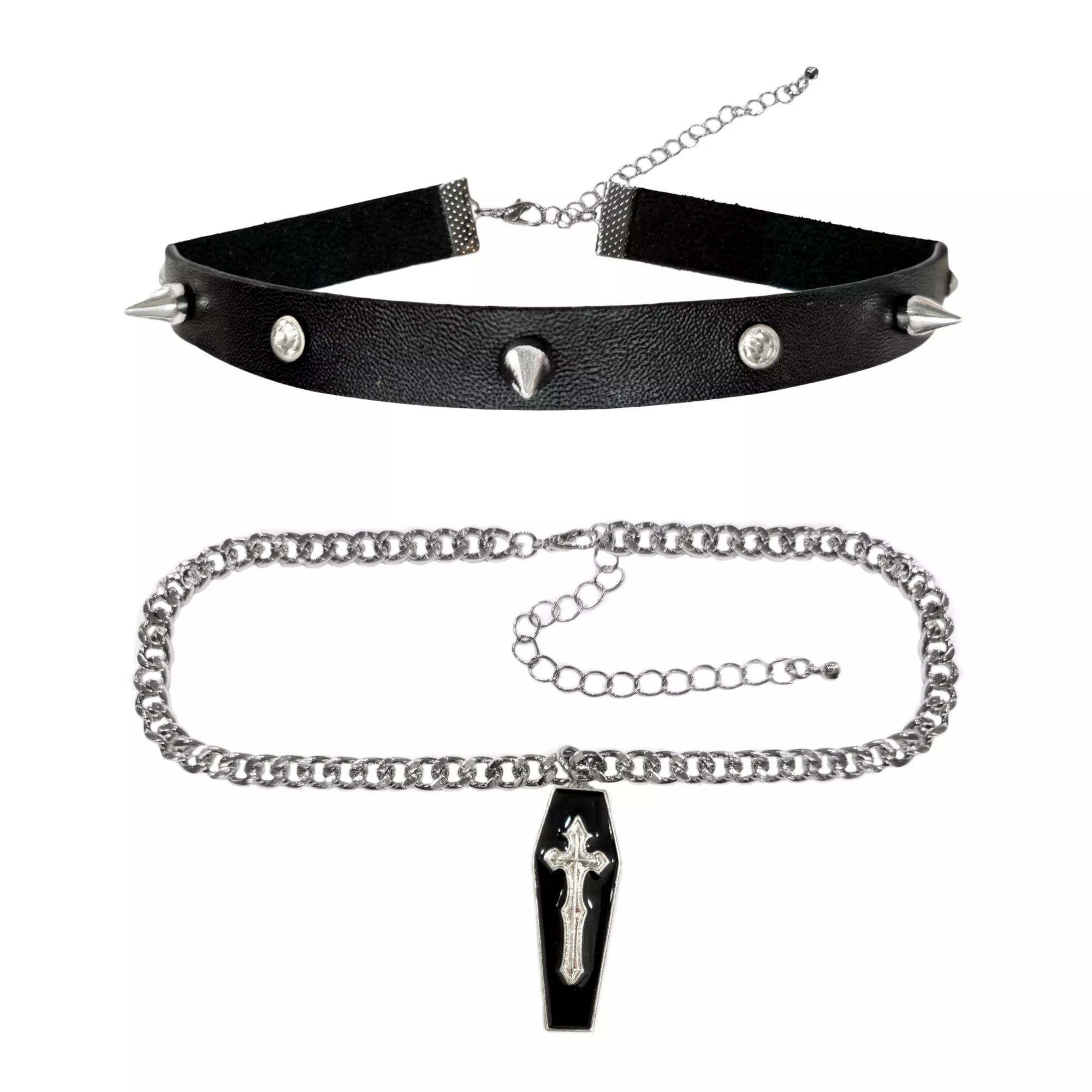 Multi-Pack Spiked Faux Leather and Coffin Chain Choker Necklaces - 2 Pack
