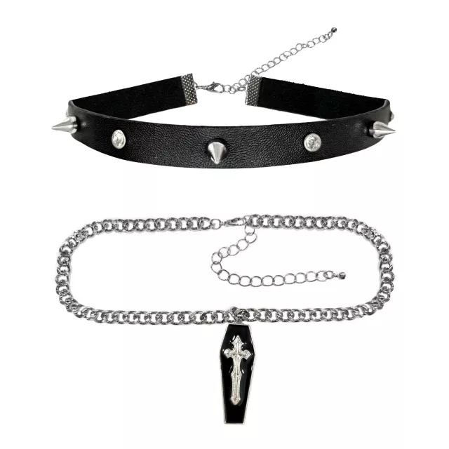 Multi-Pack Spiked Faux Leather and Coffin Chain Choker Necklaces - 2 Pack at Spencer's