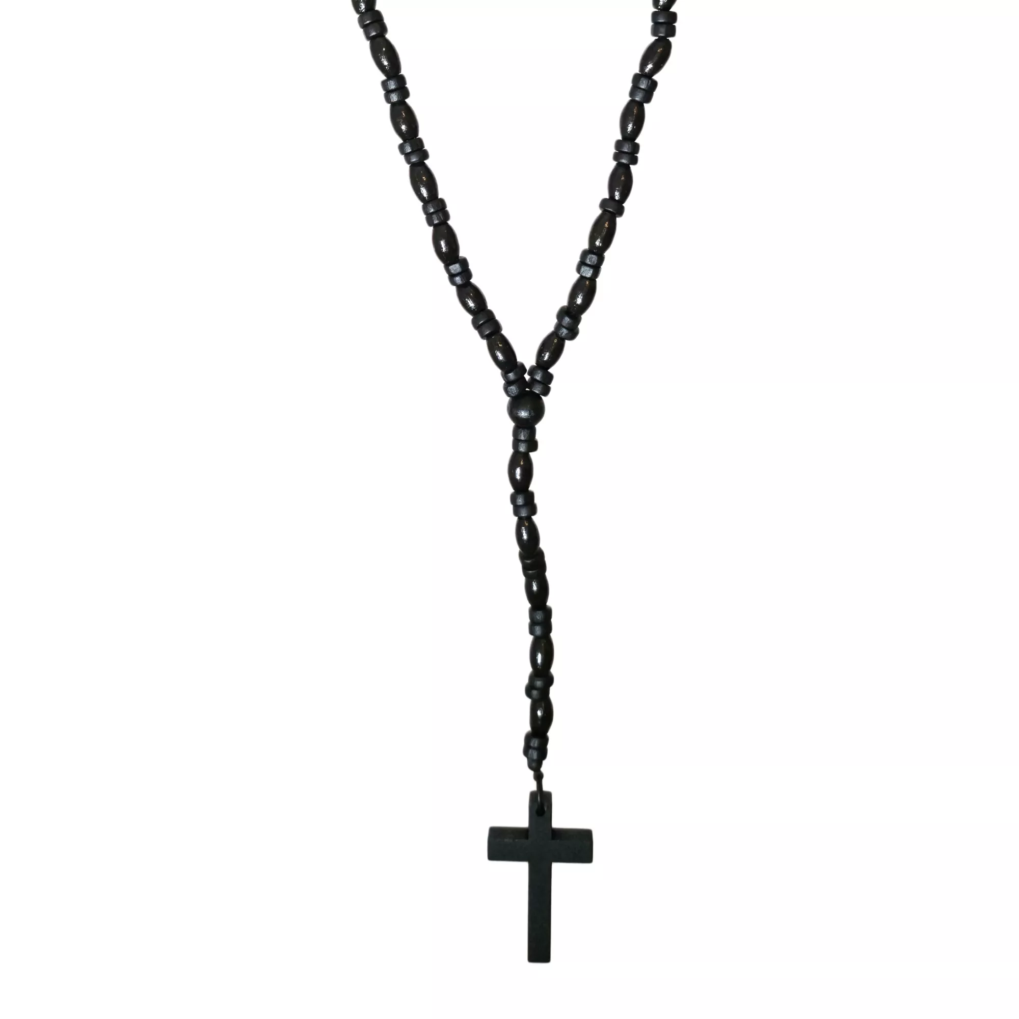 Black Cross Wood Beaded Rosary Necklace