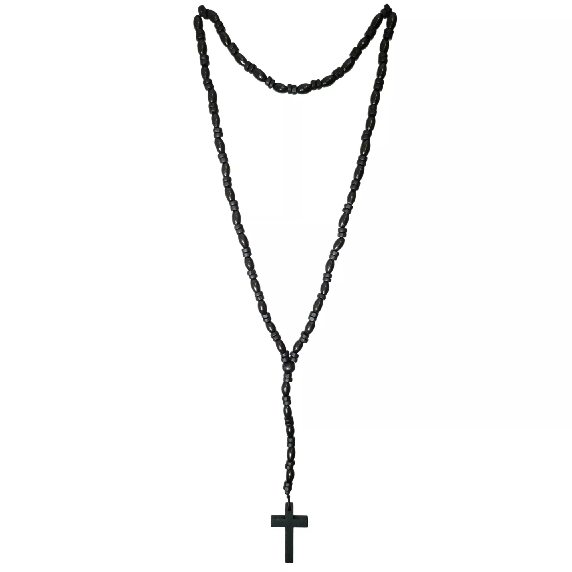 Black Cross Wood Beaded Rosary Necklace